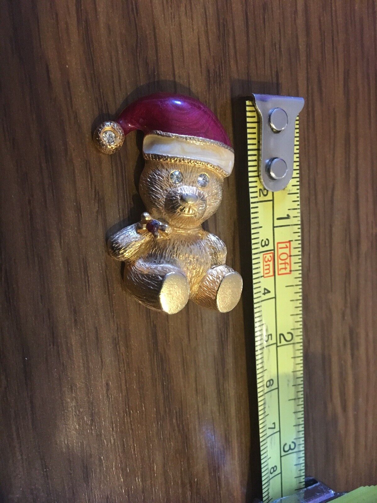 Vintage Pin , Goldtone Teddy Bear with Santa Hat, Christmas