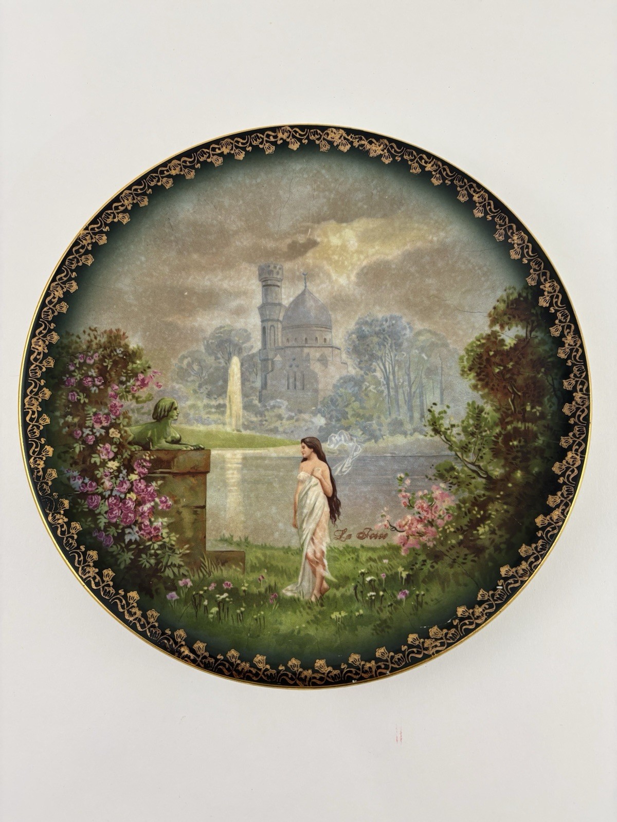 Antique La Fosse Romantic Lady Landscape Waterfront Hand Painted Porcelain Plate Antique La Fosse Romantic Lady Landscape Waterfront Hand Painted Porcelain Plate