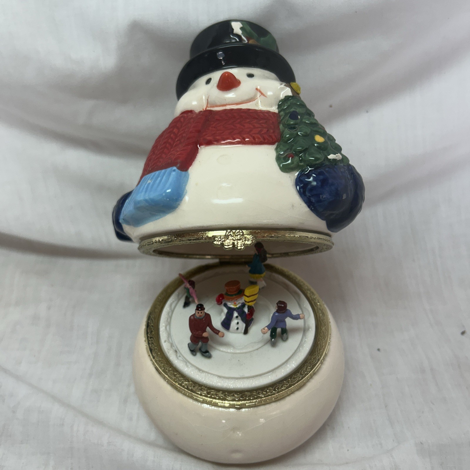 Mr. Christmas Animated Porcelain Snowman Music Box Skating Scene Holiday Decor