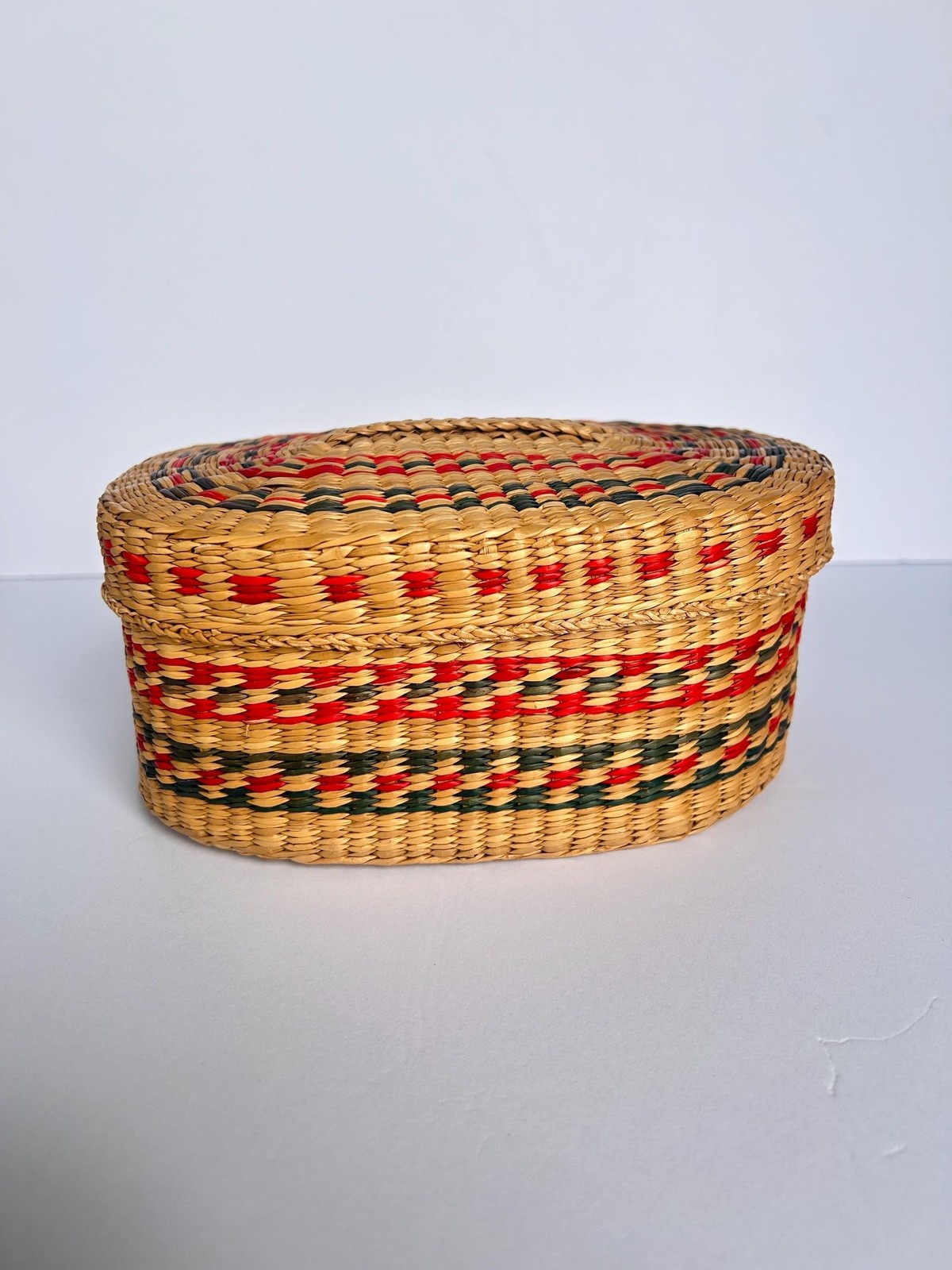 Vintage Handwoven Sweetgrass Oval Basket with Lid | Red and Green Woven Accents