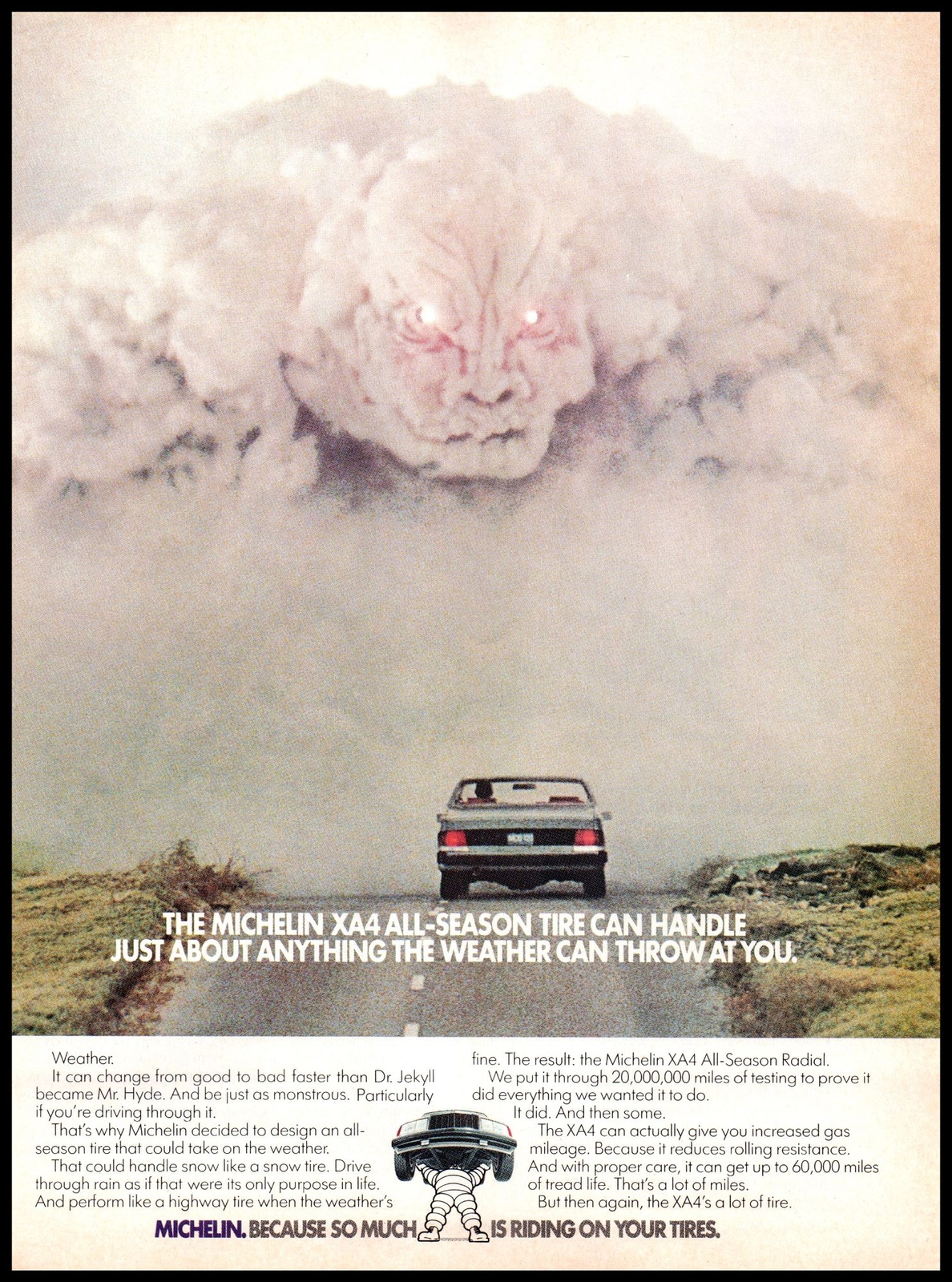 1984 Michelin Tires XA4 All Season Radial Vintage Print Ad Dust Cloud Storm Art