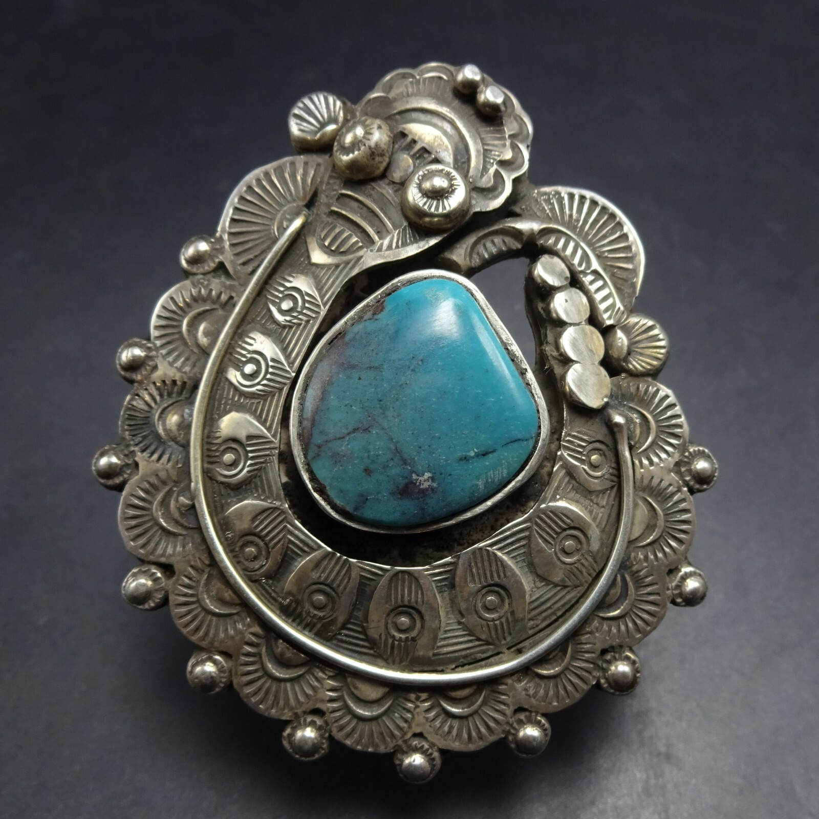 Huge ART TAFOYA Hand Stamped Sterling Silver TURQUOISE SNAKE RING size 8.5