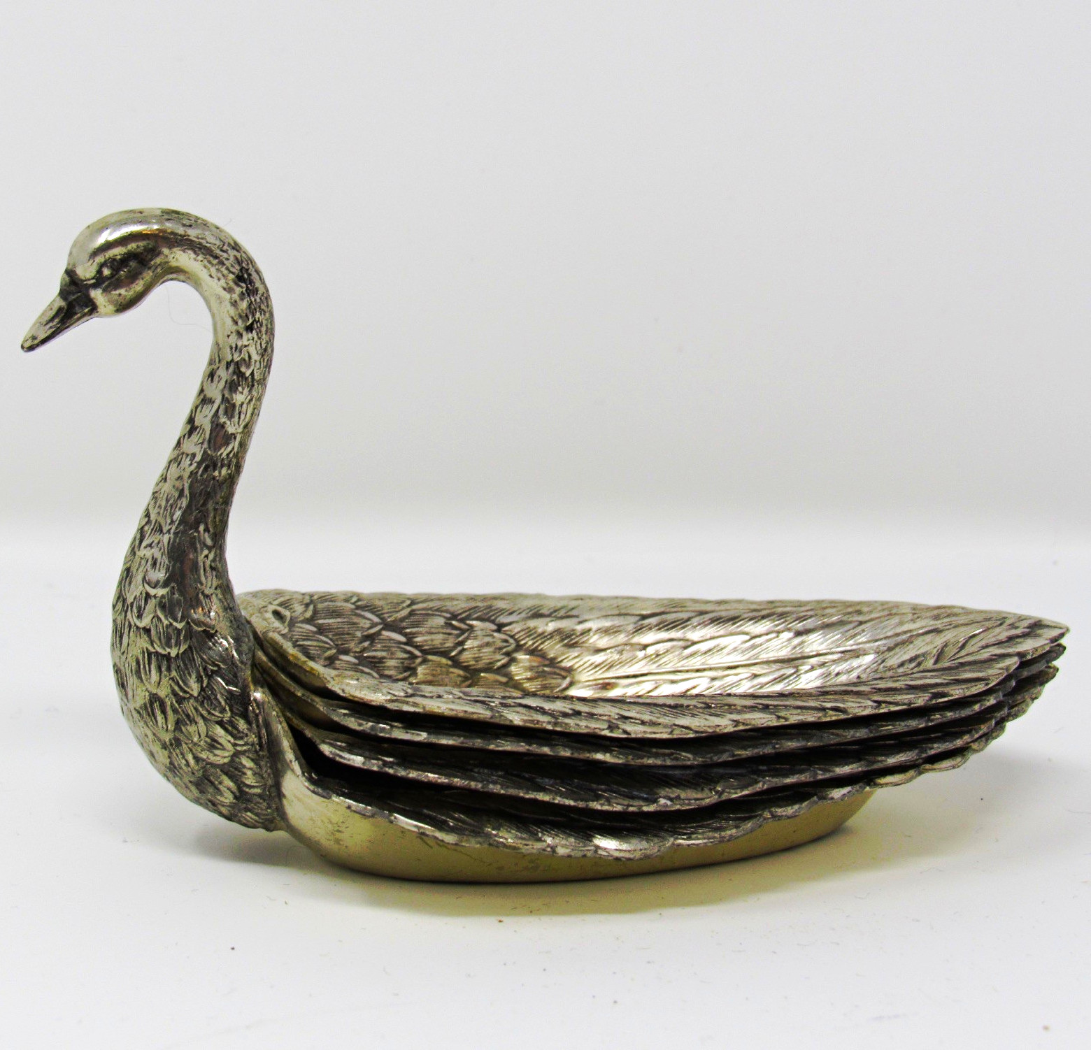 Vintage Silver Plated Metal Swan Cocktail Dish Set With 3 Dishes