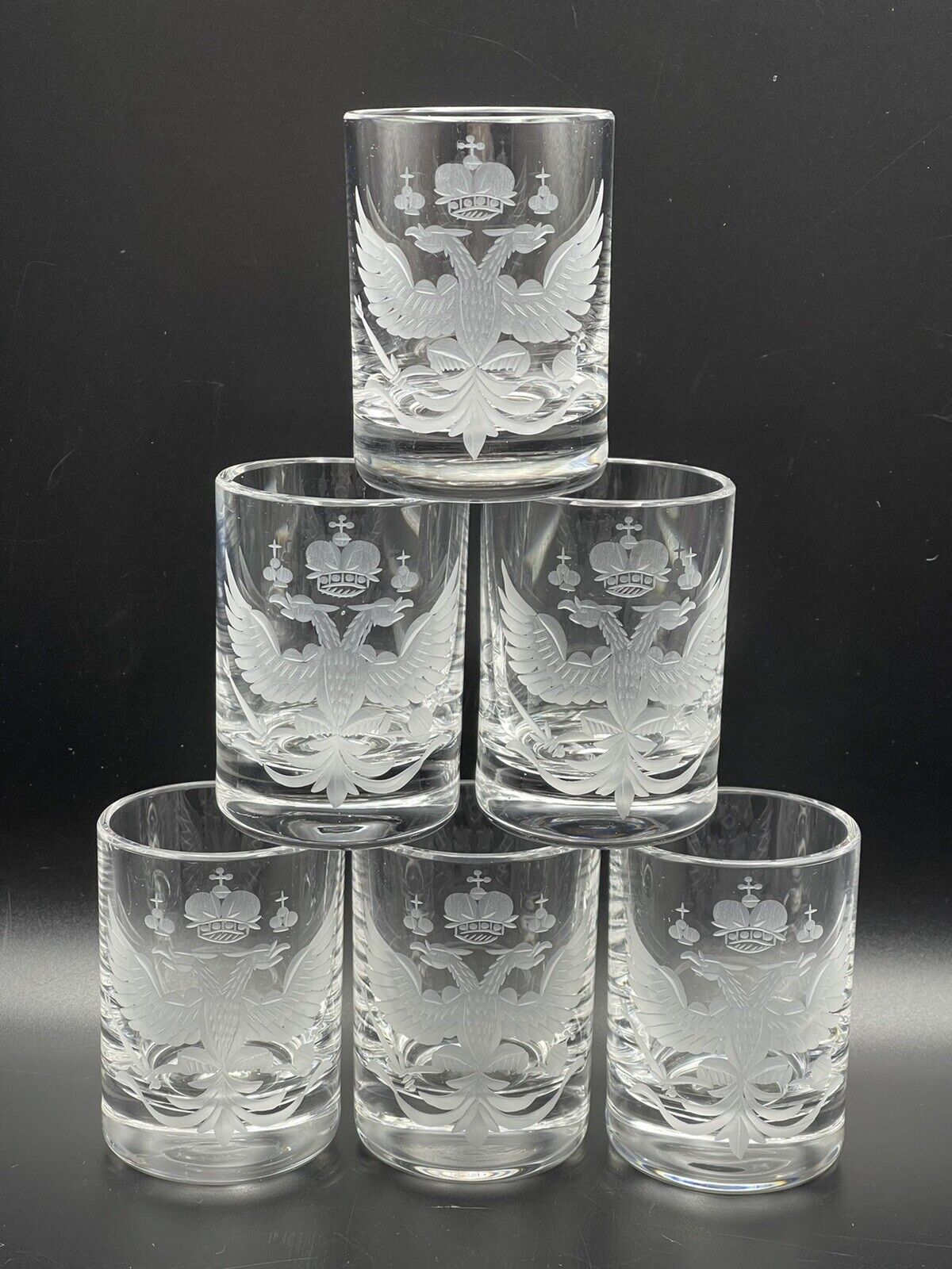 6 Russian Imperial Glass Works Shot Glasses Tsar Nicholas II Coat Of Arms VHTF
