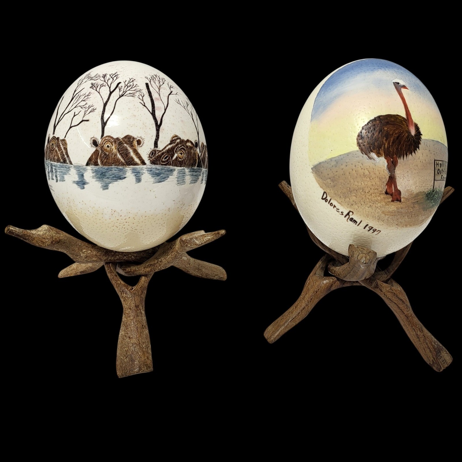 VTG Hand Painted Ostrich Egg Art Hippo Ostrich African Safari Decor with Stands
