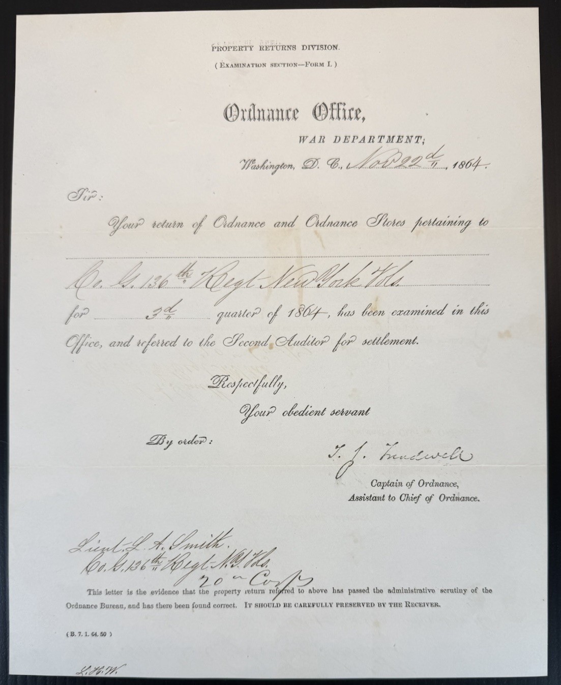 Original Civil War 1864 Ordnance Office Letter 136th New York Volunteers Signed