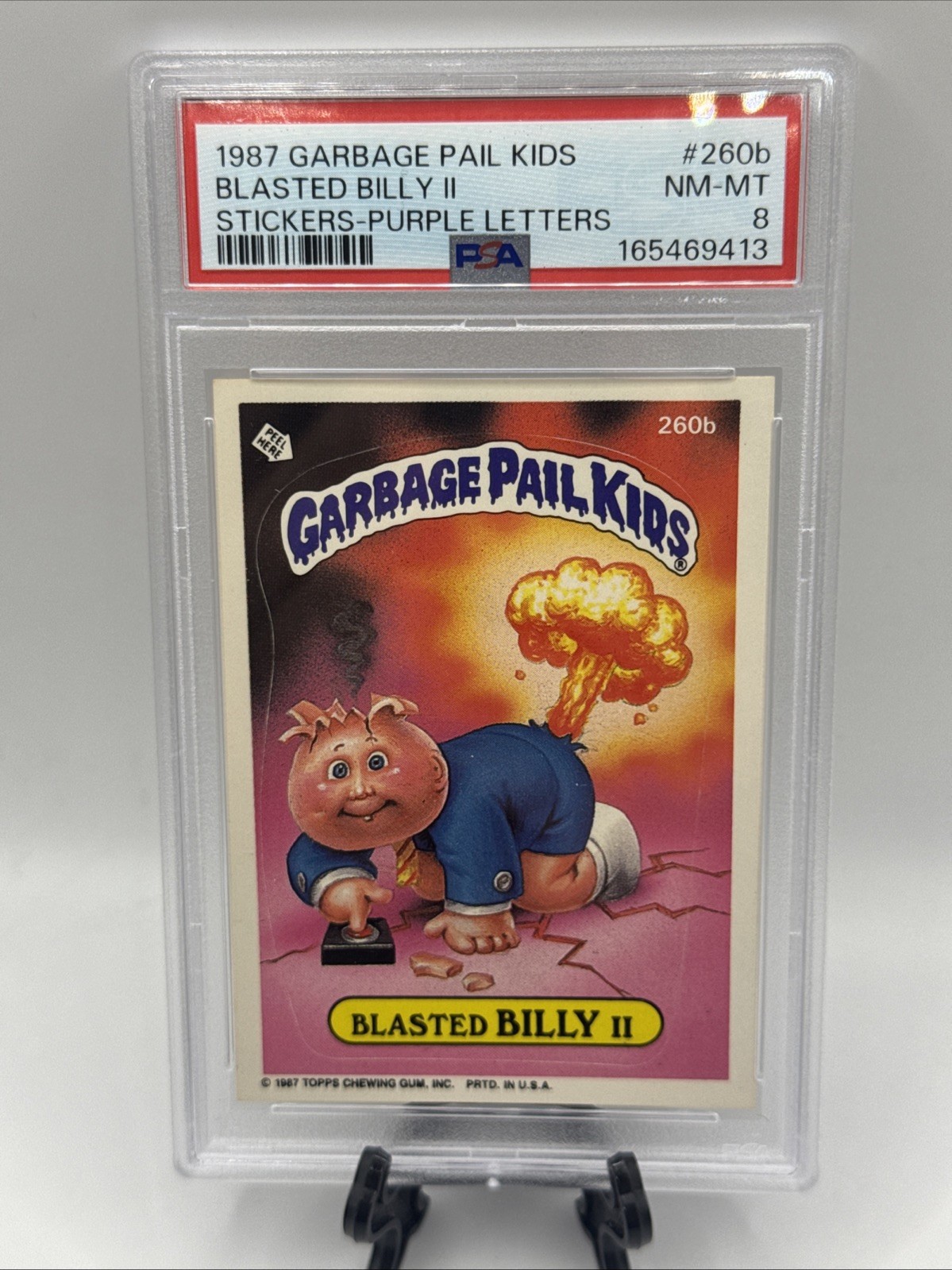 1987 Topps OS7 Garbage Pail Kids 260b Blasted Billy II PURPLE HEADER ERROR PSA 8