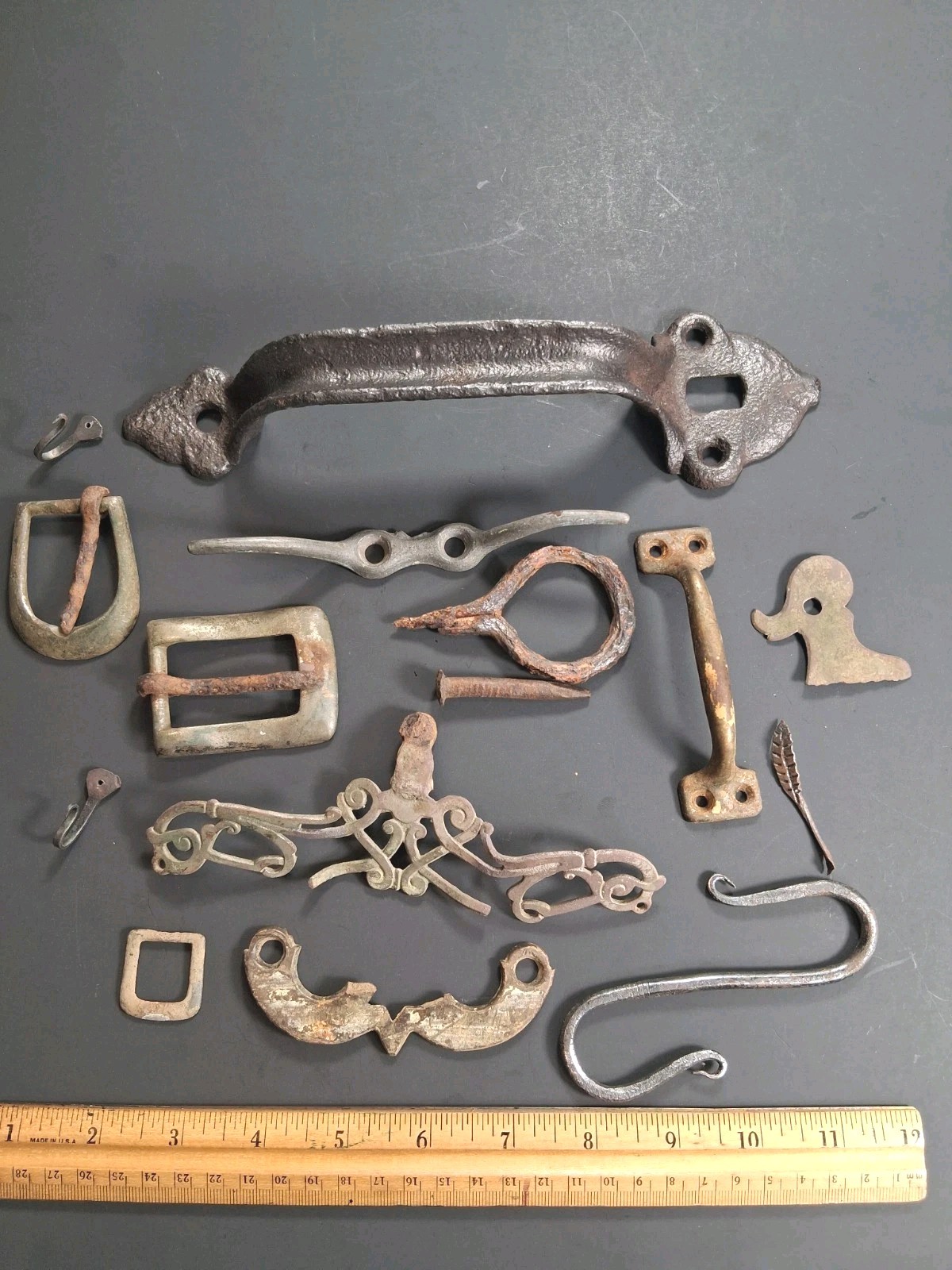 Antique Lot 1800s & Vintage Brass, Forged Hooks & Pieces 19th-century, Buckles Antique Lot 1800s & Vintage Brass, Forged Hooks & Pieces 19th-century, Buckles