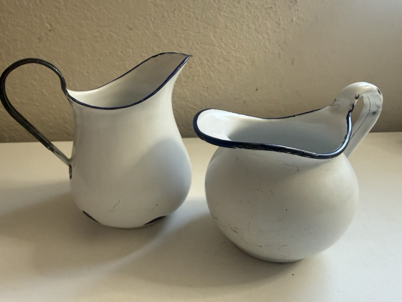 Vintage Swedish Enamelware Pitchers Set of 2 White Blue Trim Sweden