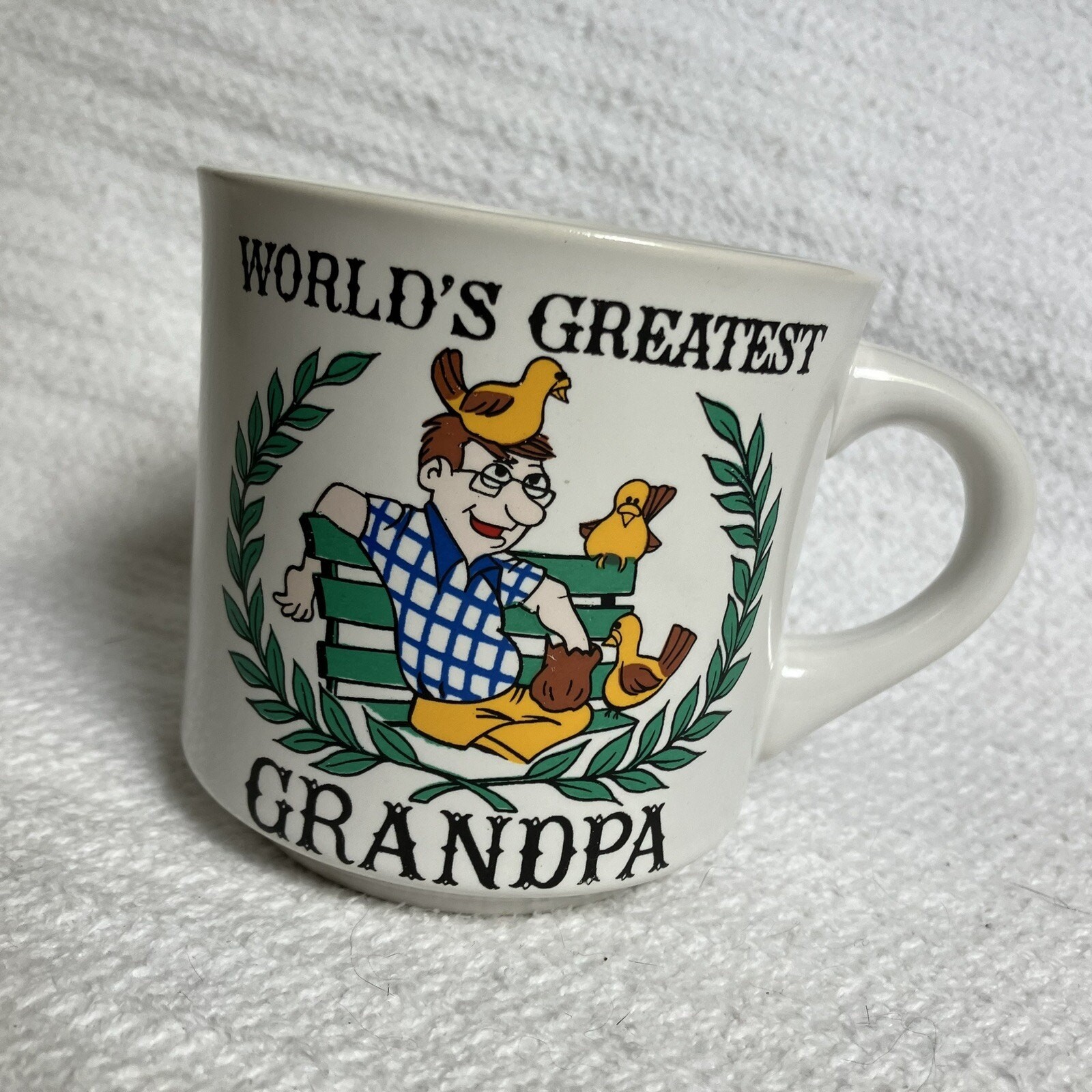 Vintage Papel Worlds Greatest Grandpa Cartoon Mug Coffee Cup Birds Park Bench