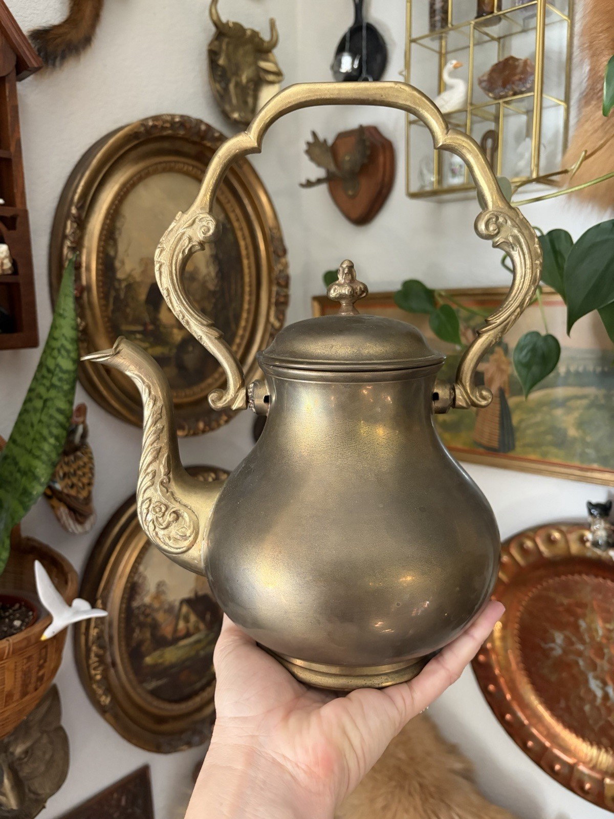 Vintage Midcentury 1970s Brass Teapot with Handle Ornate Detail Hinged Lid