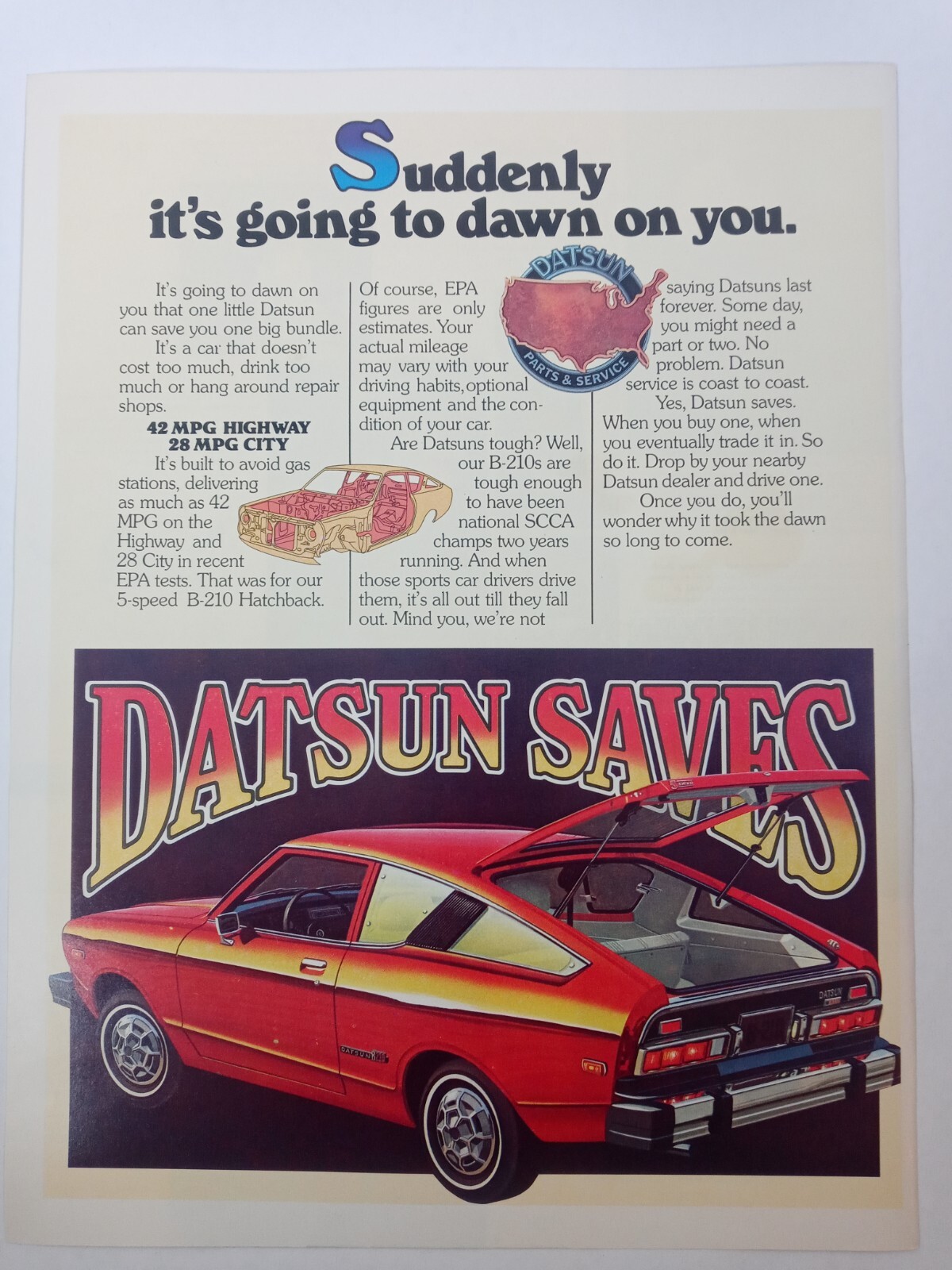 1980 DATSUN B-210 Red Car Hatchback Saves Vintage Print Ad 1980's