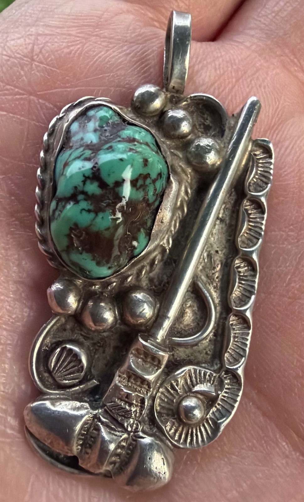Vintage Art Lewis Choctaw Coin Silver Turquoise Tomahawk Motif Necklace Pendant