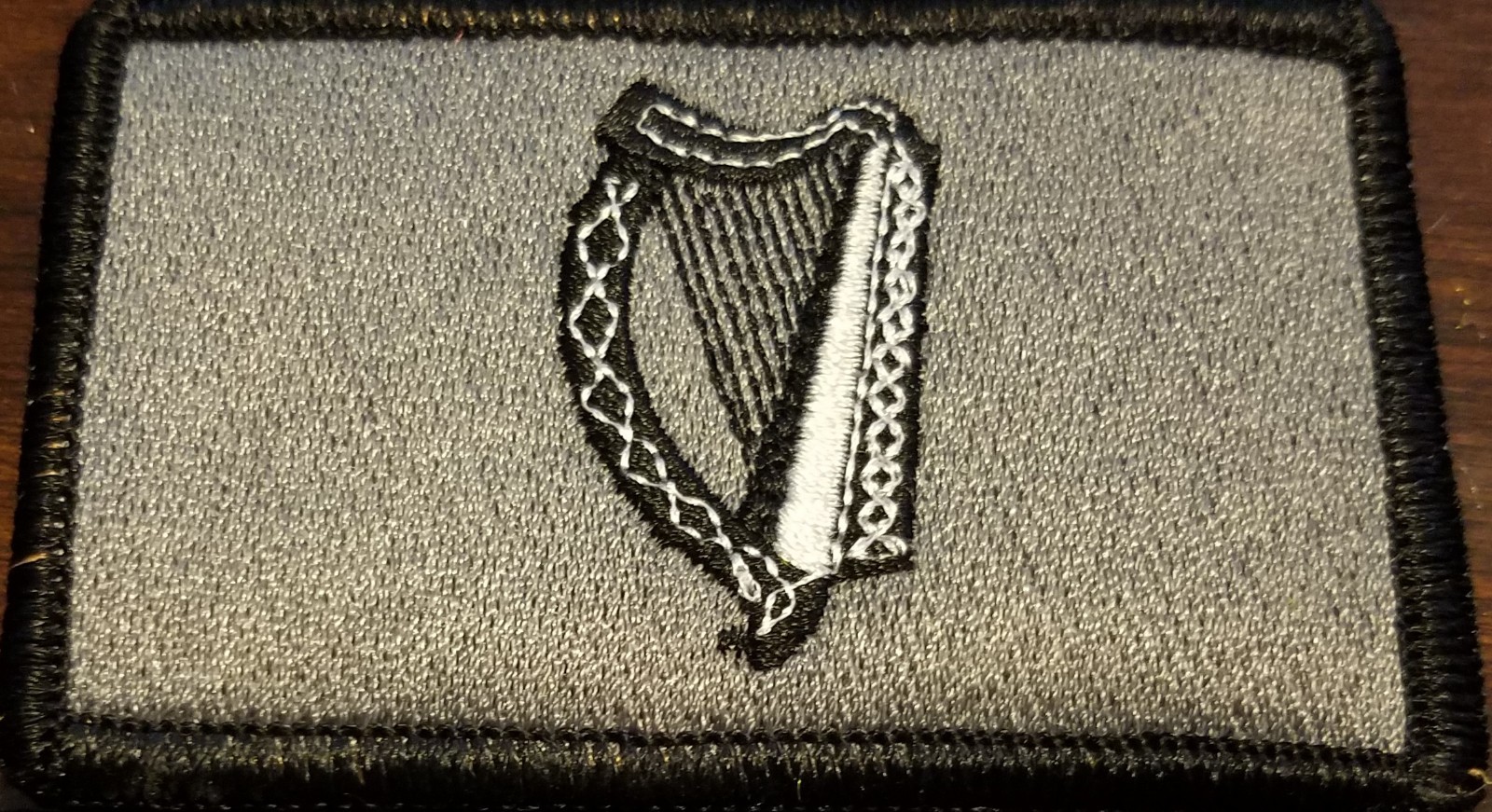 Irish Ireland Harp Flag Patch W/ VELCRO® Brand  Fastener Gray & Black  Border