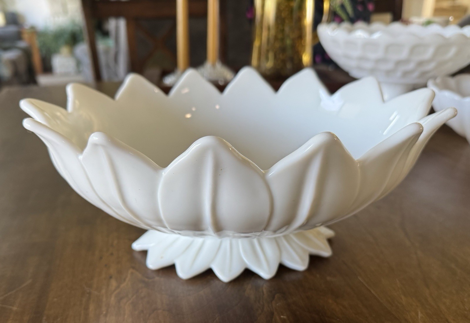 Vintage Westmoreland Milk Glass Centerpiece Footed Oval Lotus Fruit Bowl Vintage Westmoreland Milk Glass Centerpiece Footed Oval Lotus Fruit Bowl