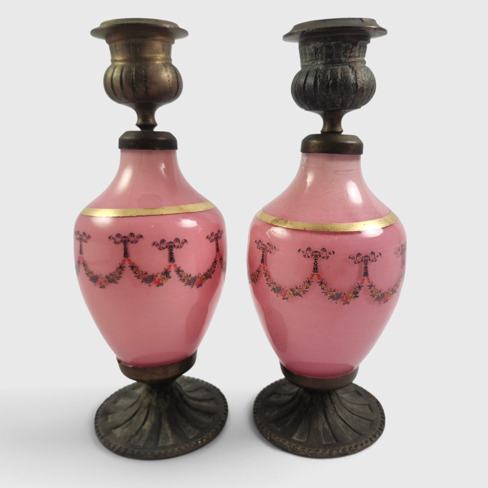 Antique French Pink Opaline Glass Candlesticks Pair Painted Garland Gilt Antique French Pink Opaline Glass Candlesticks Pair Painted Garland Gilt