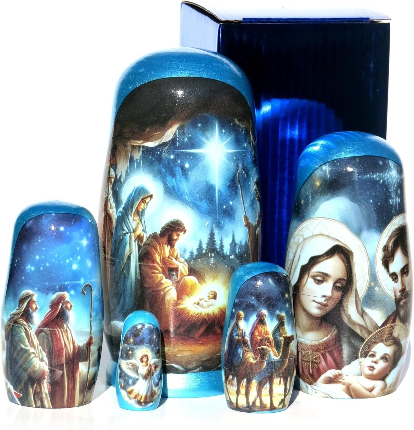 Beautiful Handmade Christmas Nativity Russian Nesting Doll, 5 Pc with Gift Box Beautiful Handmade Christmas Nativity Russian Nesting Doll, 5 Pc with Gift Box