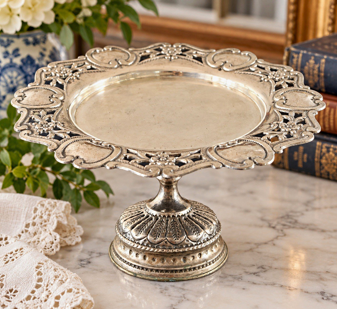 Vintage Silverplate Pedestal Dish-Ornate Pierced Victorian Style BonBon Dish