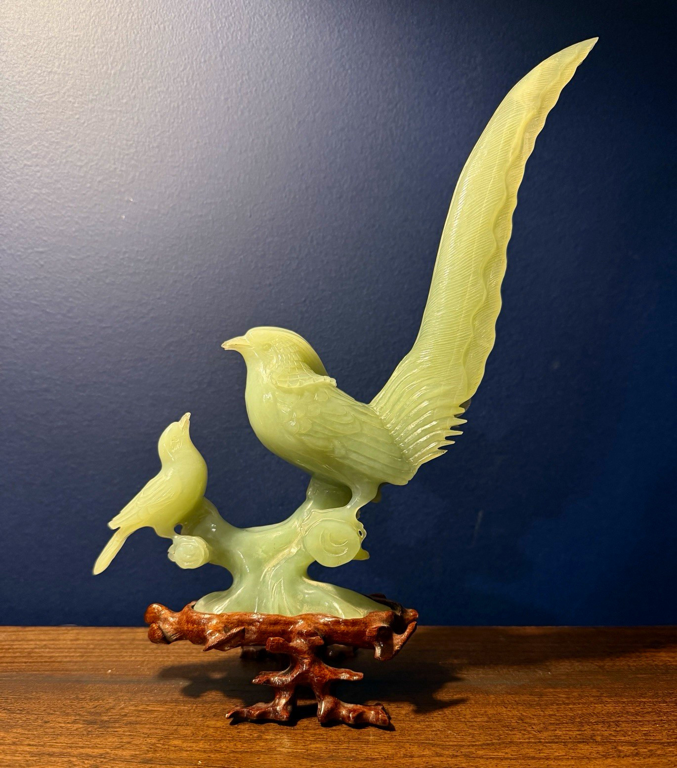 Vintage Chinese-Style Green Jade/Serpentine Bird Sculpture on Carved Wood Stand Vintage Chinese-Style Green Jade/Serpentine Bird Sculpture on Carved Wood Stand