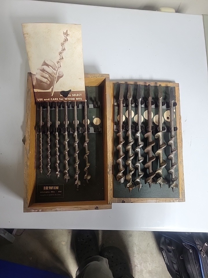 Vintage Irwin 13 Piece Set of Auger Brace Bits w/ Wood Box Made in USA Vintage Irwin 13 Piece Set of Auger Brace Bits w/ Wood Box Made in USA