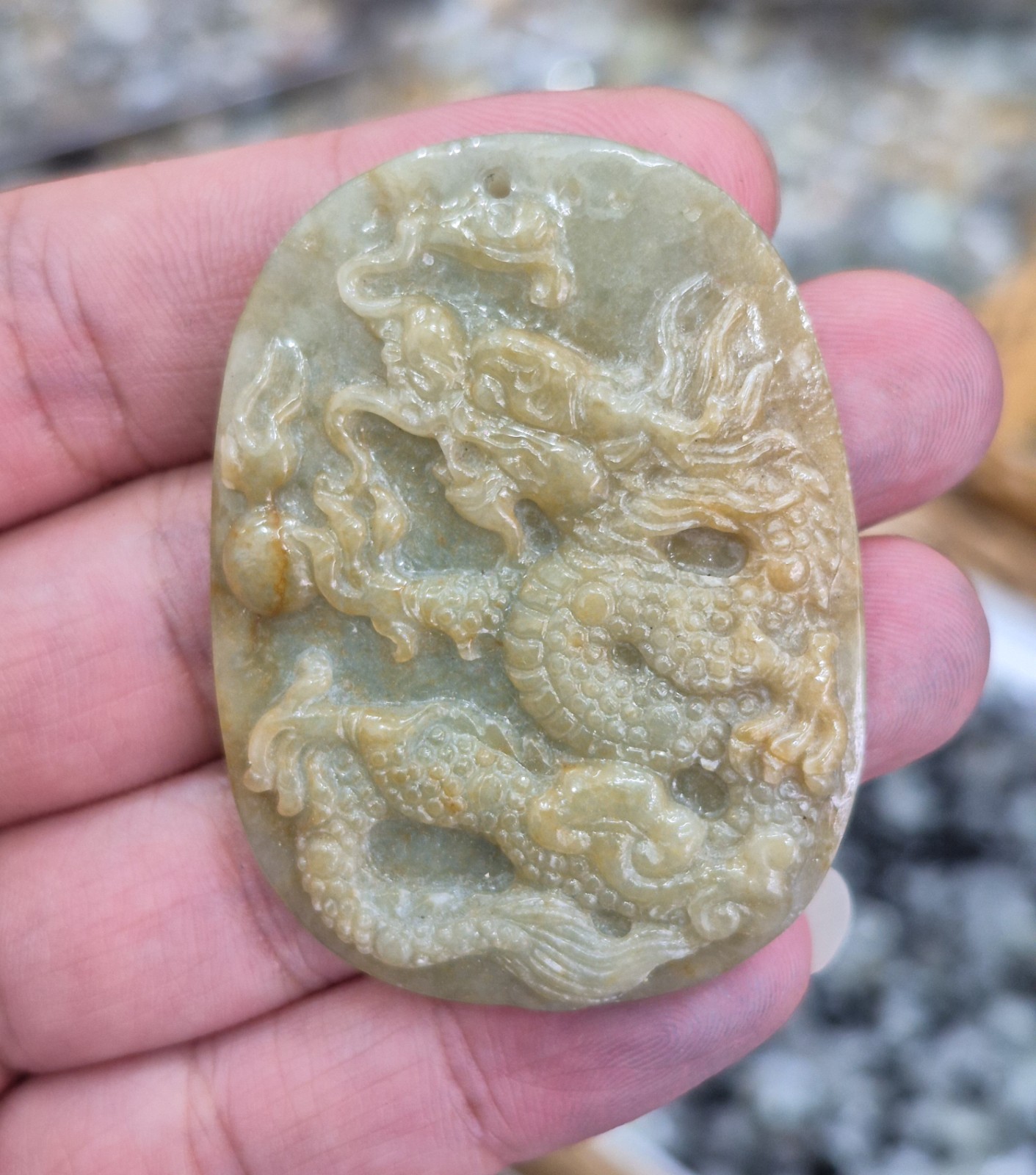 Jade Pendant Natural Jadeite Grade A Yellow Dragon Carved Plaque 50x40mm Amulet