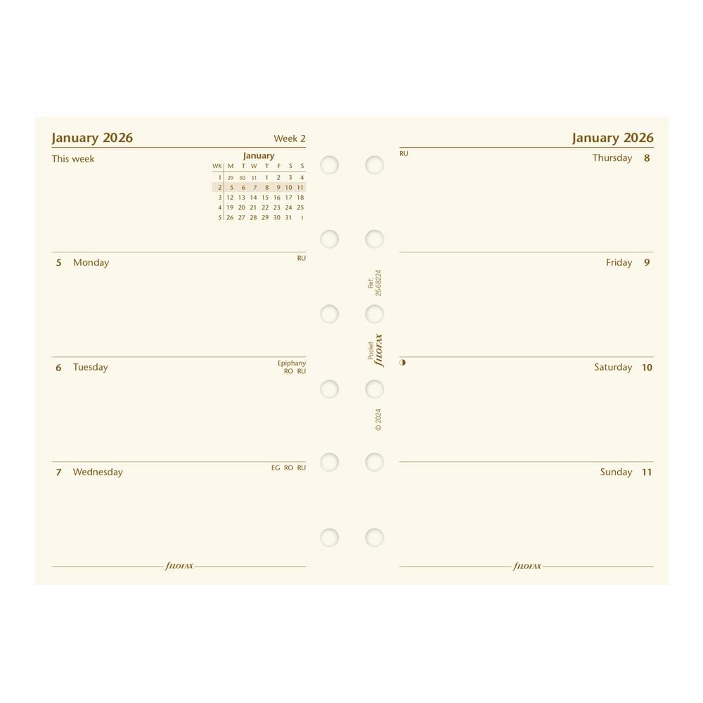 Filofax Week on Two Pages 2026 Pocket Diary Refill, Cotton Cream, English, 3.18\
