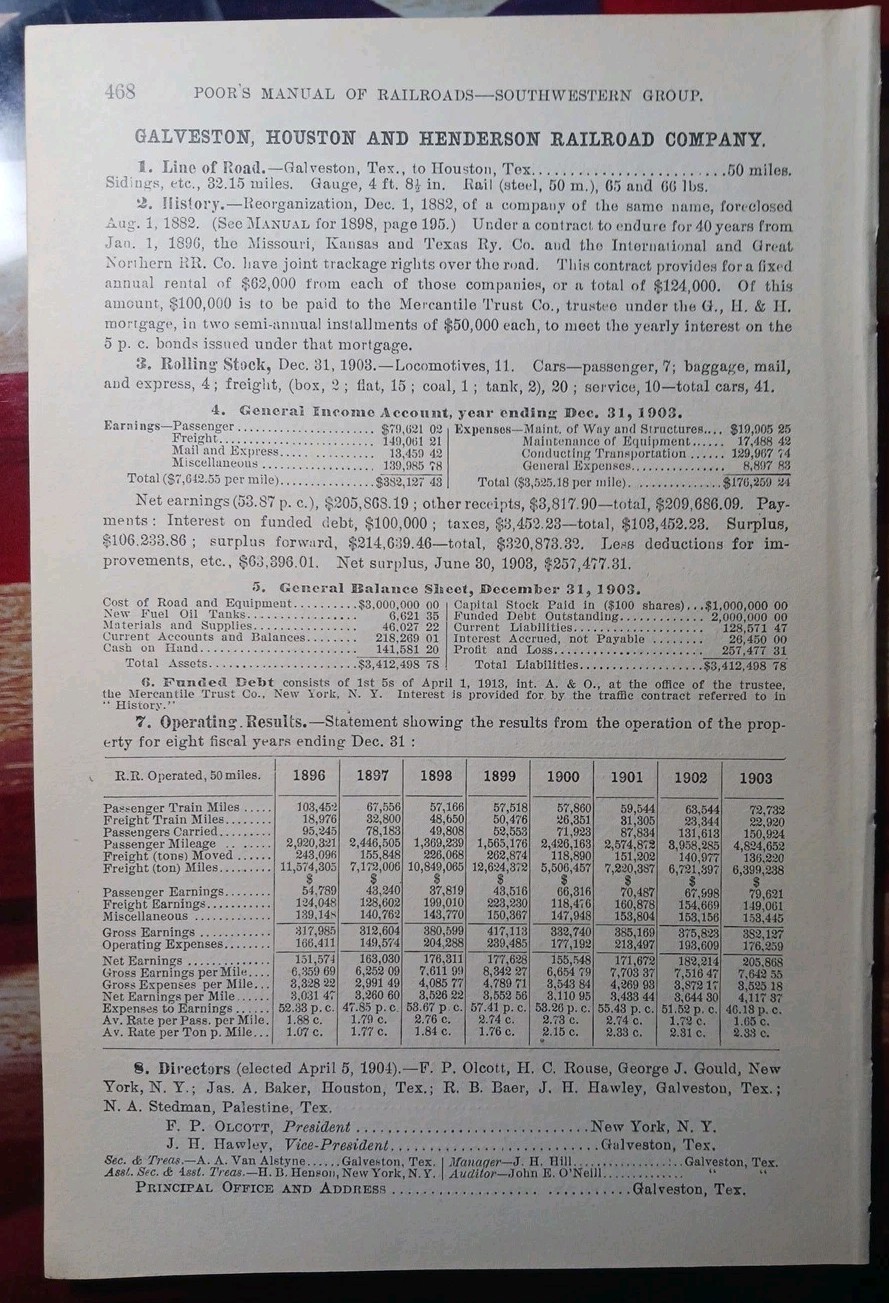 ~1904 Train Report GALVESTON HOUSTON & HENDERSON RAILROAD Vintage Texas Railway