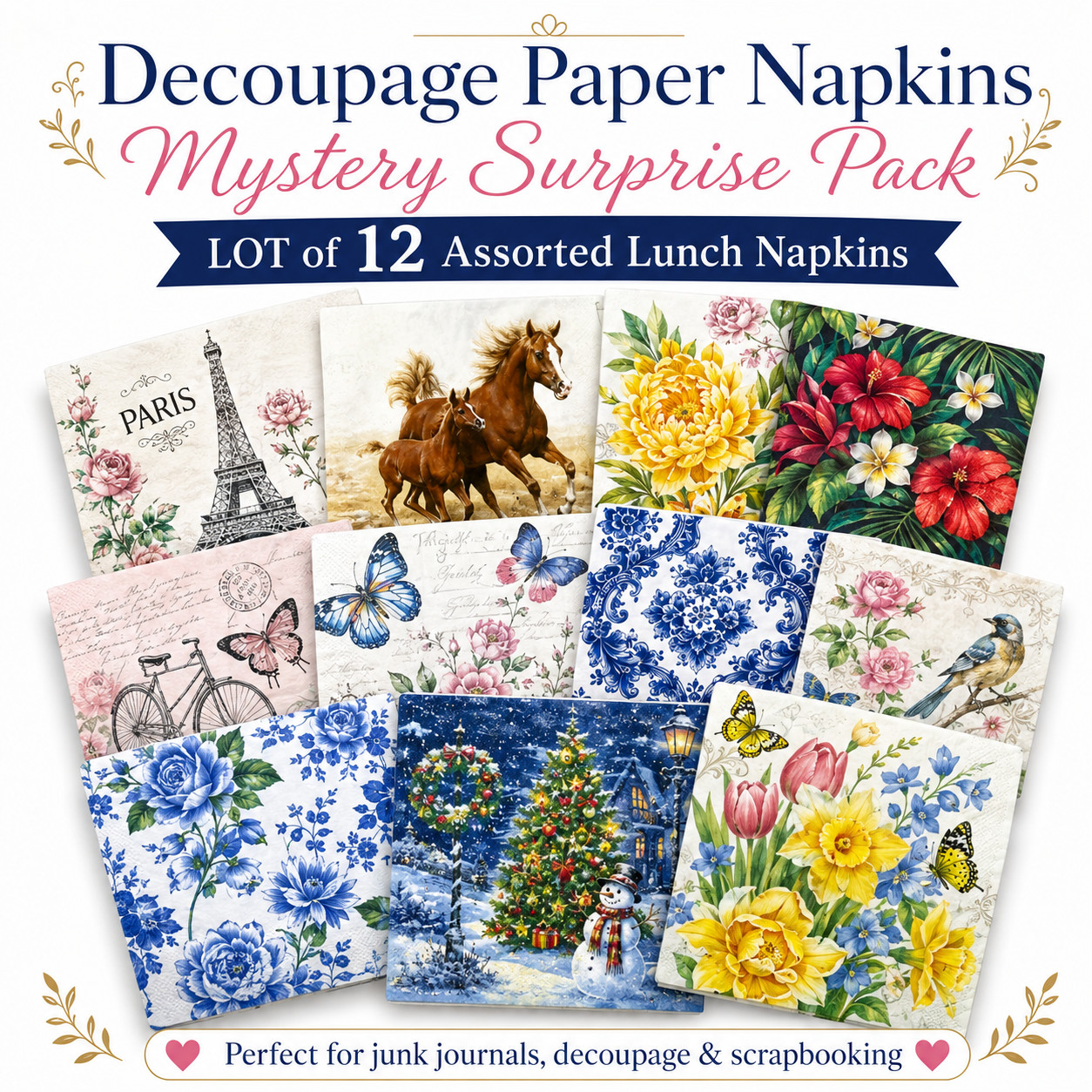 Decoupage Paper Napkins Mystery Surprise Pack - LOT of 12 Assorted Lunch Napkins