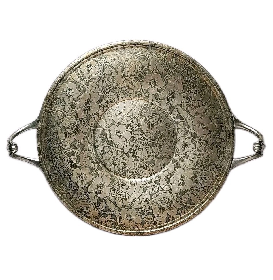Vintage W.B. Mfg Co. Tapestry EPNS Round Ornate Handled Tray, Patent Applied For Vintage W.B. Mfg Co. Tapestry EPNS Round Ornate Handled Tray, Patent Applied For