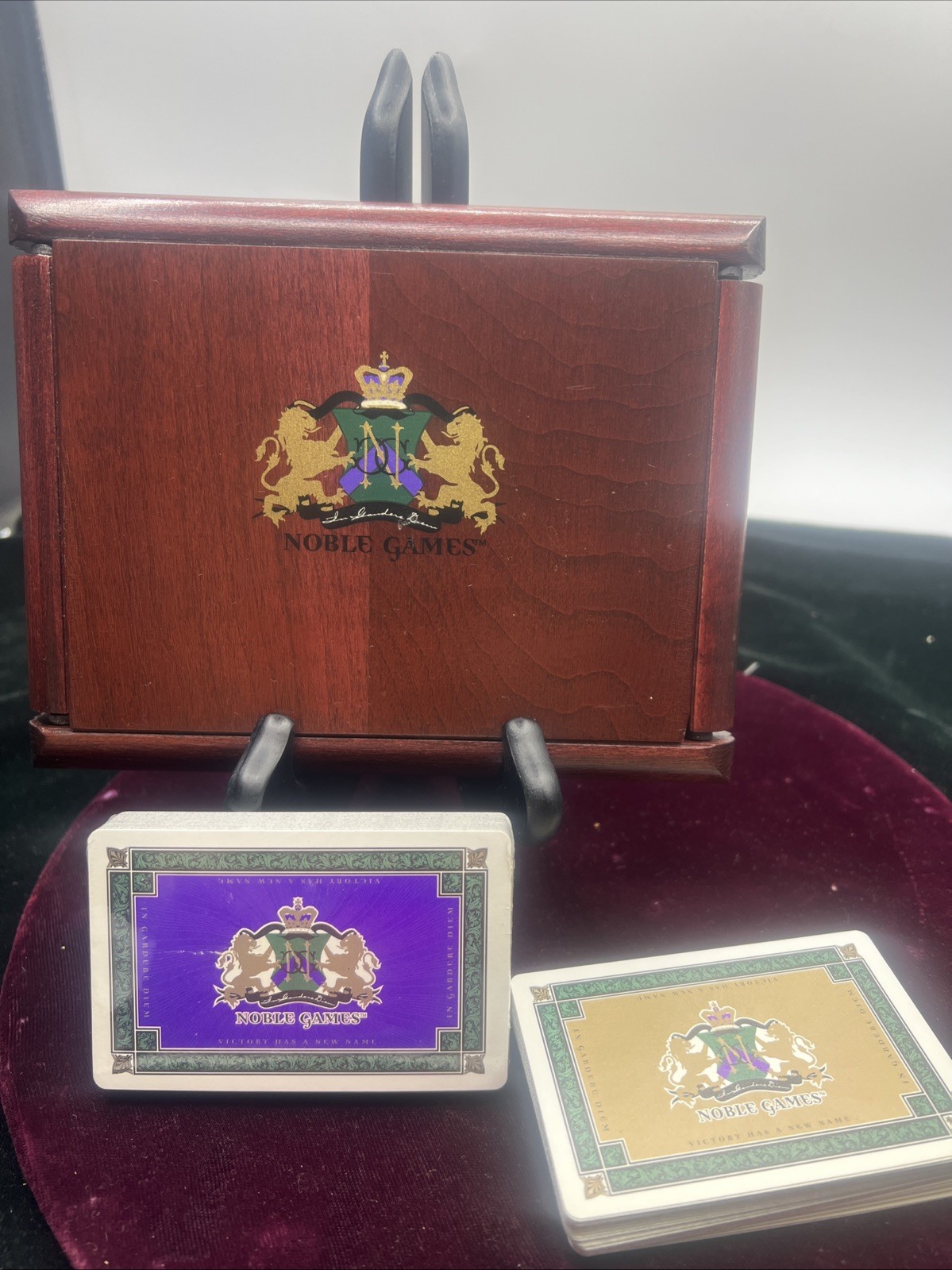 Vintage Noble Games Wooden Playing Card Dispenser Box w/ 2 Decks