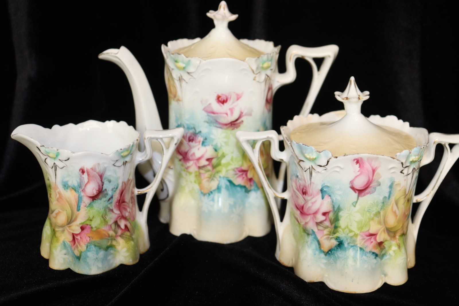 RS PRUSSIA TEA SET,  Lily Mold, 5 piece Tea Pot, Creamer & Sugar.     #349