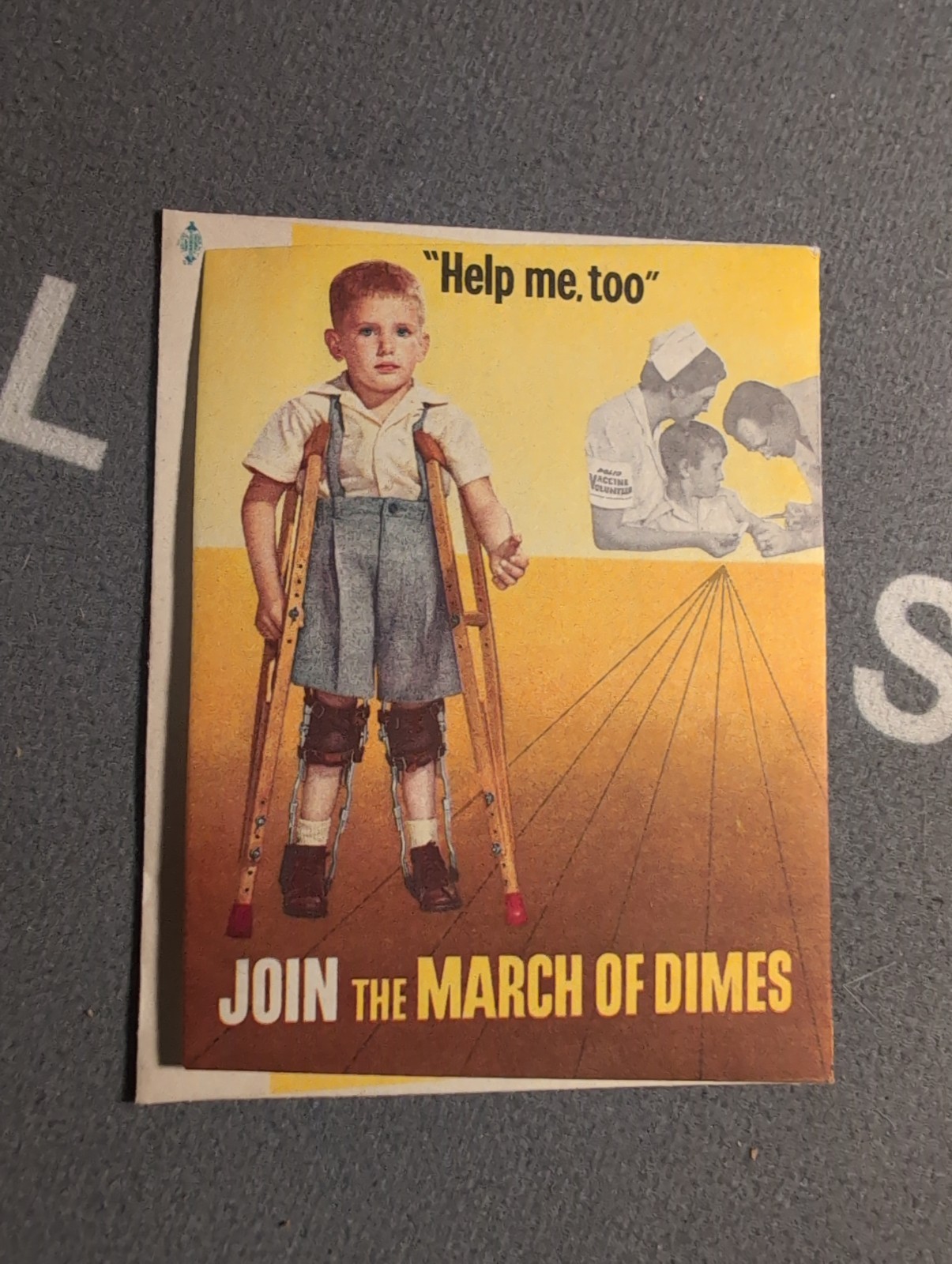Vintage 1956 March of Dimes Polio Campaign Card Poster Art Help Me Too Boy... Vintage 1956 March of Dimes Polio Campaign Card Poster Art Help Me Too Boy...