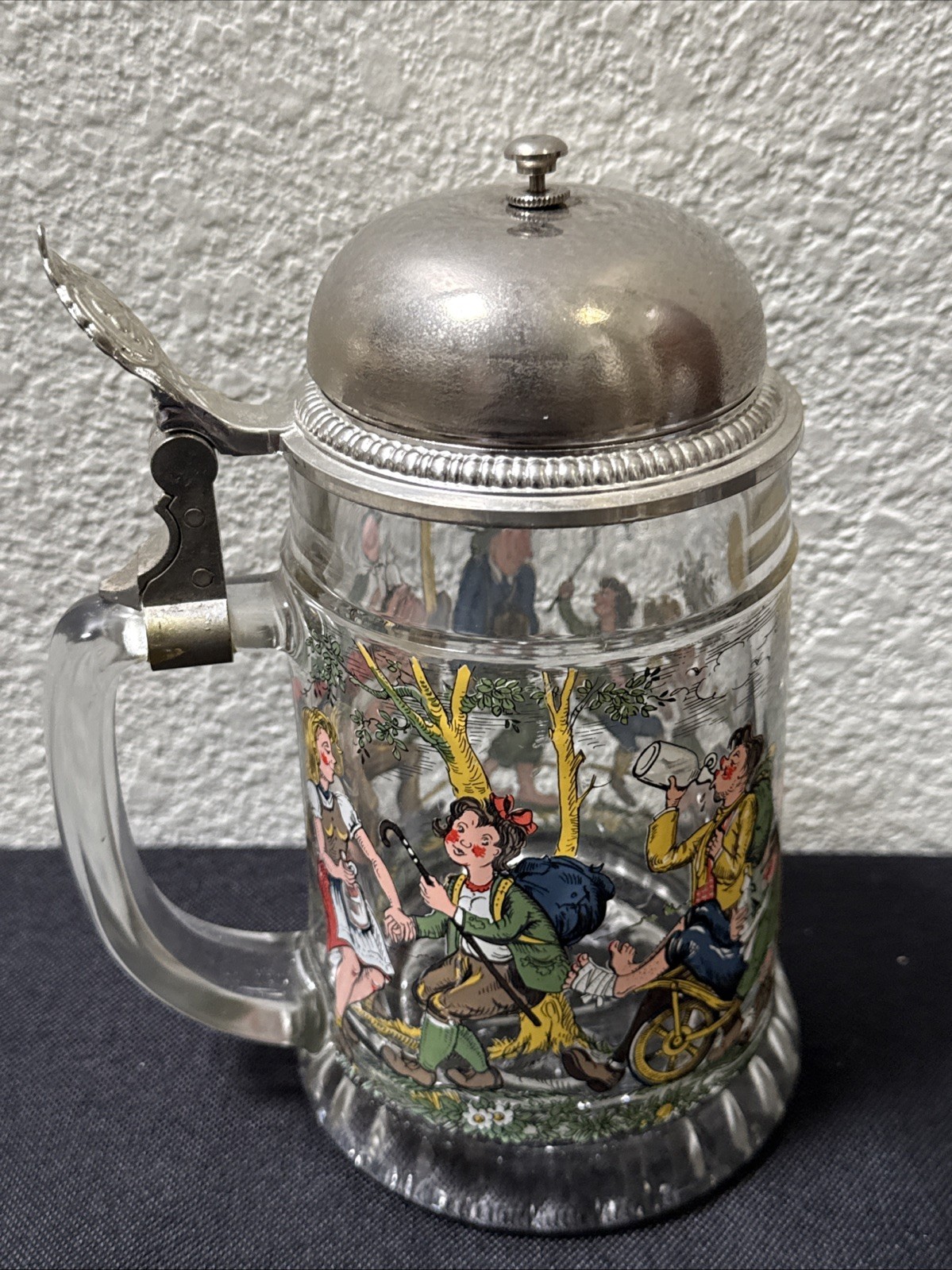 RARE Vintage BMF Germany Clear Glass Hiking Scene Bell Lid Stein Mug