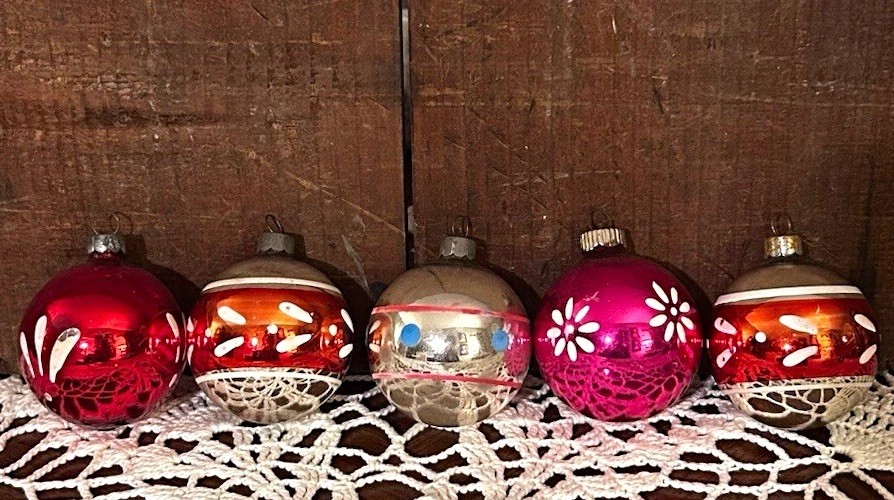 VTG Shiny Brite Glass Christmas Ornaments Lot 5 Pink Florals Stripes MCM