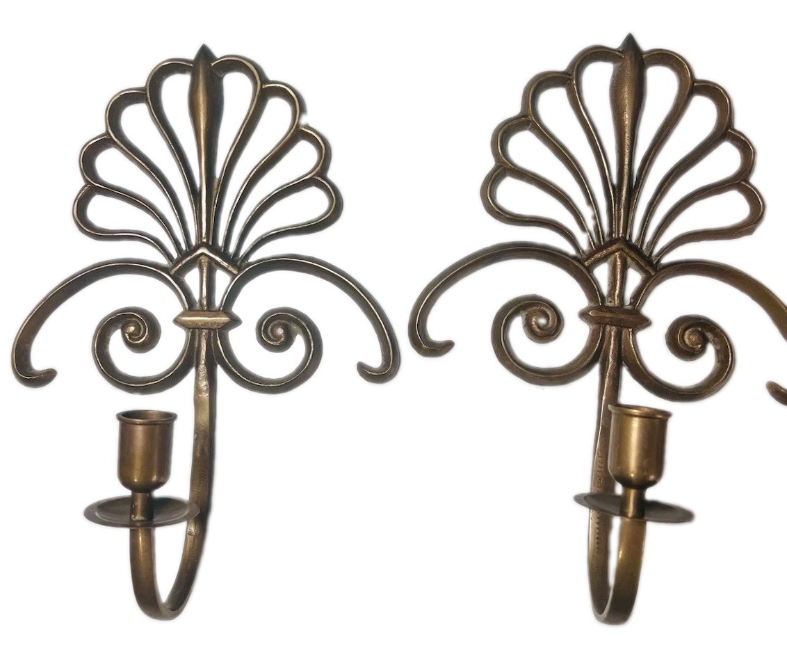 Vintage Brass Wall Candle Sconces Pair Hollywood Regency Ornate Palmette