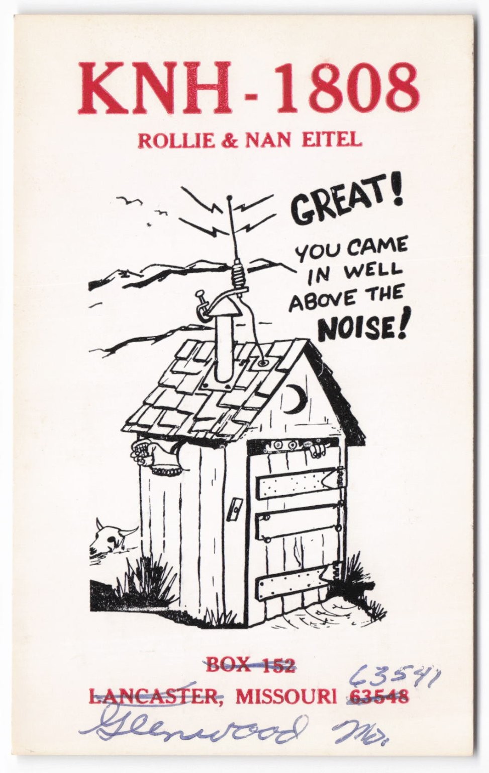 1968 CB Ham Radio QSL Postcard KNH-1808 Lancaster Missouri Outhouse Antenna 1968 CB Ham Radio QSL Postcard KNH-1808 Lancaster Missouri Outhouse Antenna