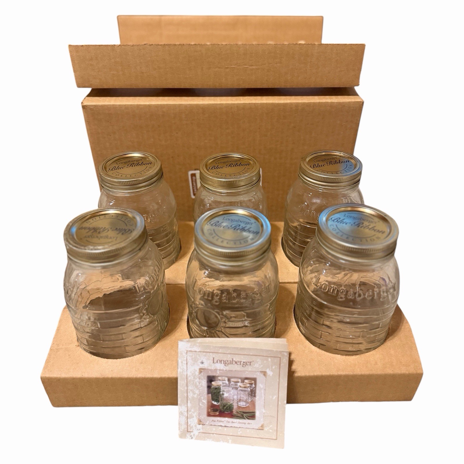 Vintage Longaberger Blue Ribbon 1 Quart Canning Jars Set of 6 NEW in Box