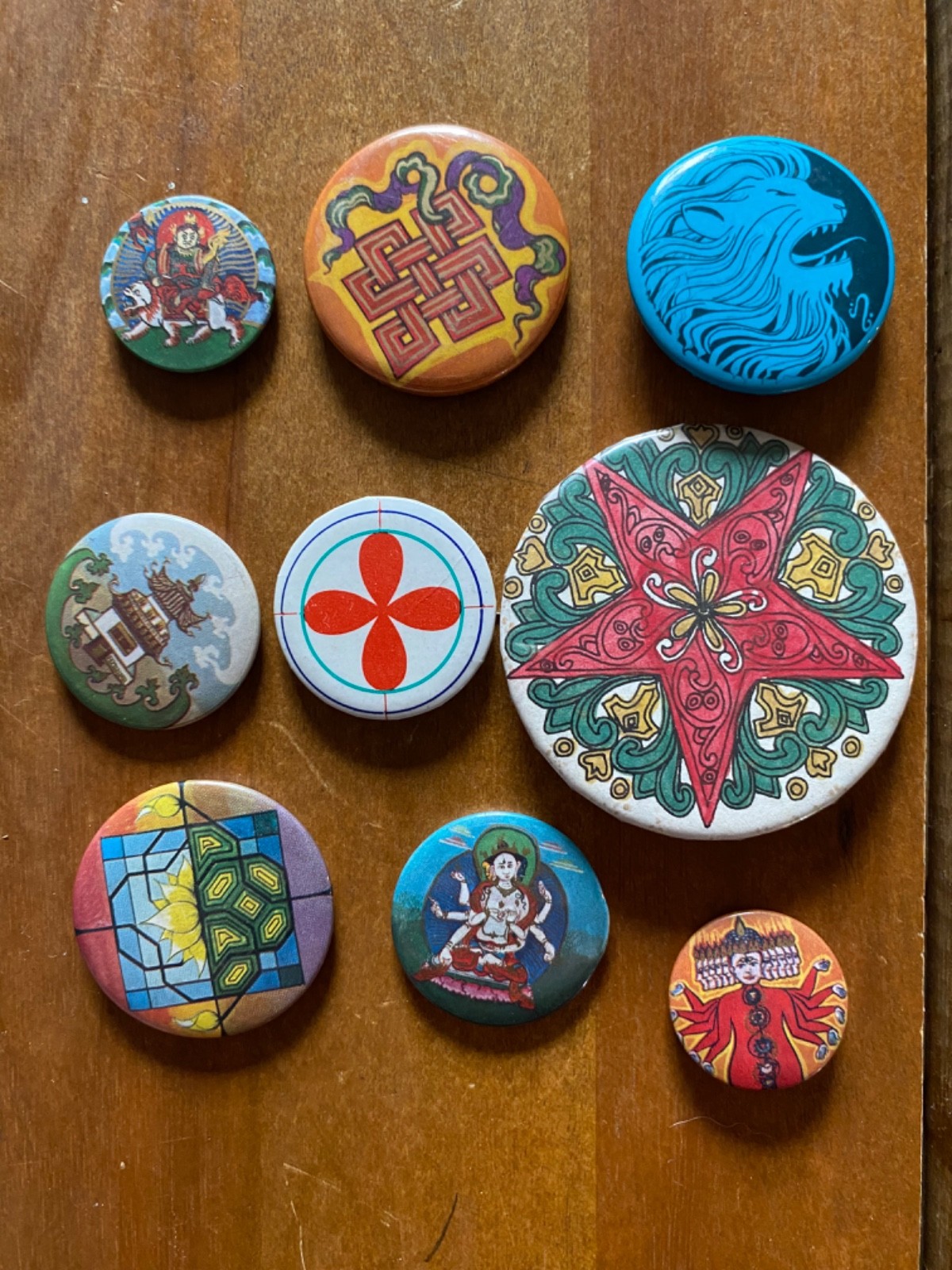 Vintage Tibetan Buddhist Art Pinback Button Lot 9 Buddha Symbols Lion Nepal