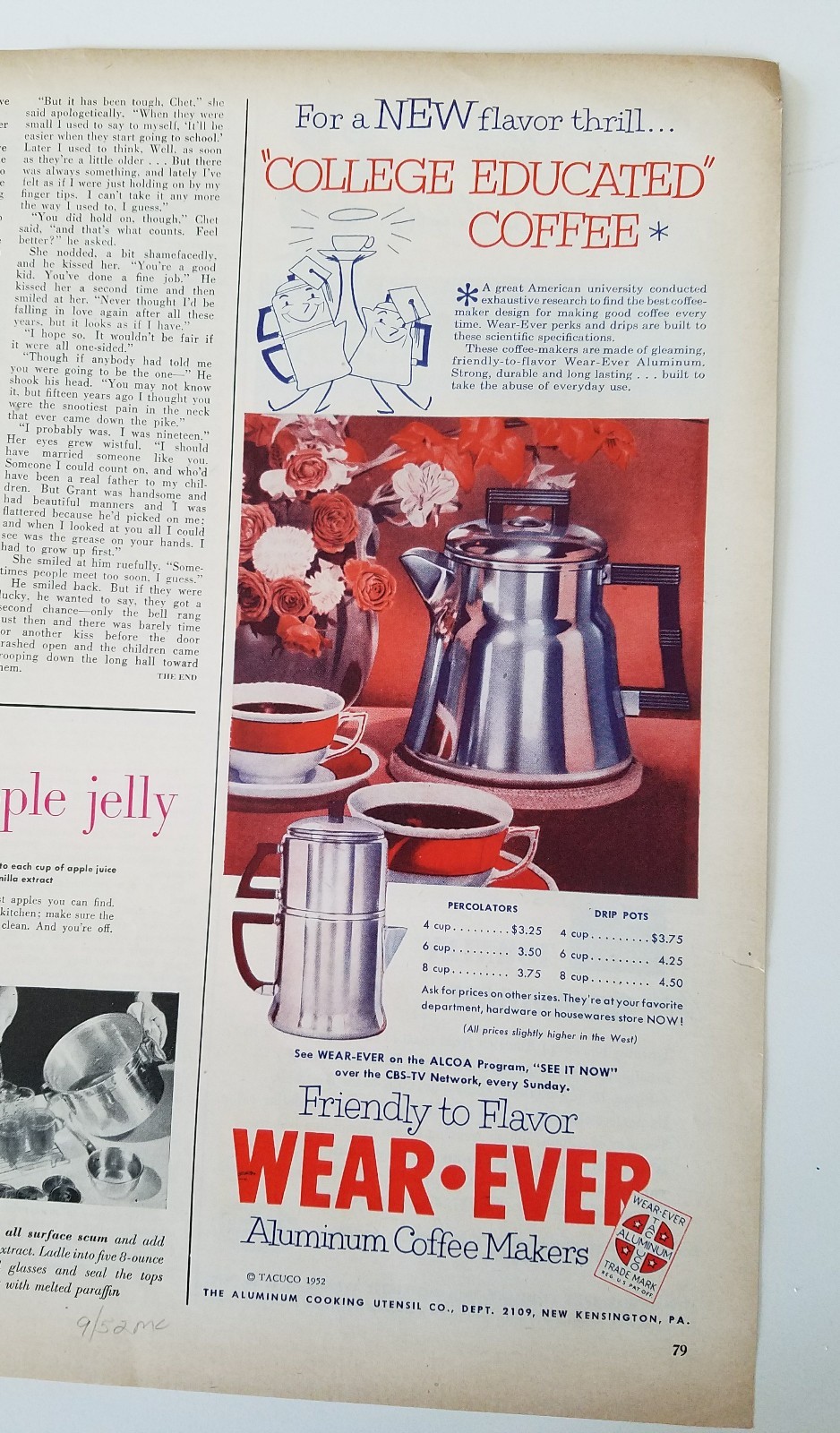 1952 WearEver aluminum college-educated coffee percolator drip pot ad