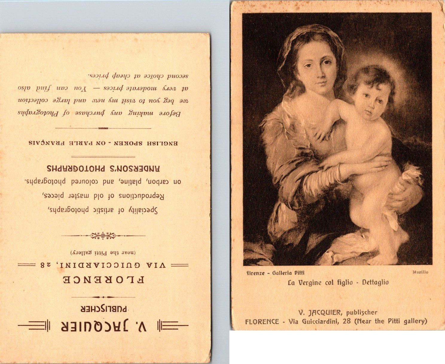 Vintage Florence V Jacquier Postcard Murillo La Vergine col Figlio Madonna Repro