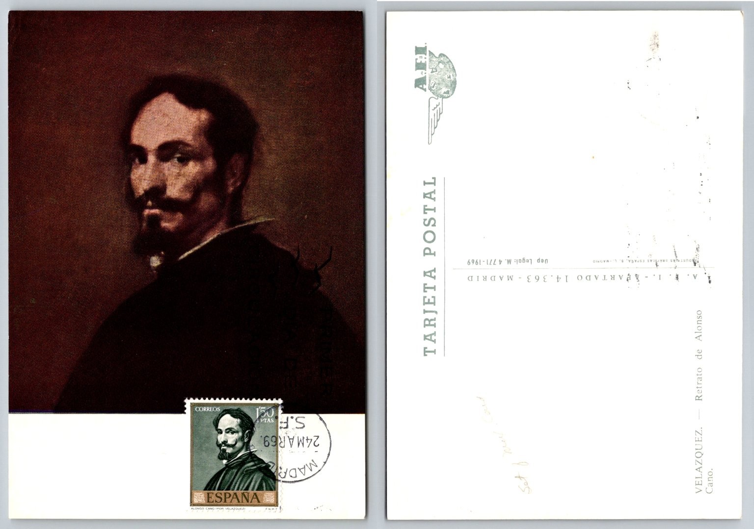 1969 Madrid Spain Postcard - Velazquez Portrait of Alonso Cano Art 1969 Madrid Spain Postcard - Velazquez Portrait of Alonso Cano Art