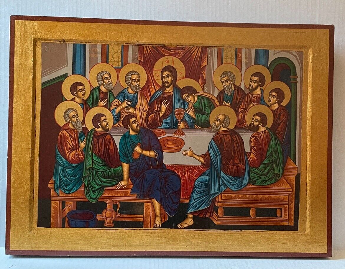 Large Gold Leaf Hand Painted Byzantine art. Last Supper. Made in Greece.