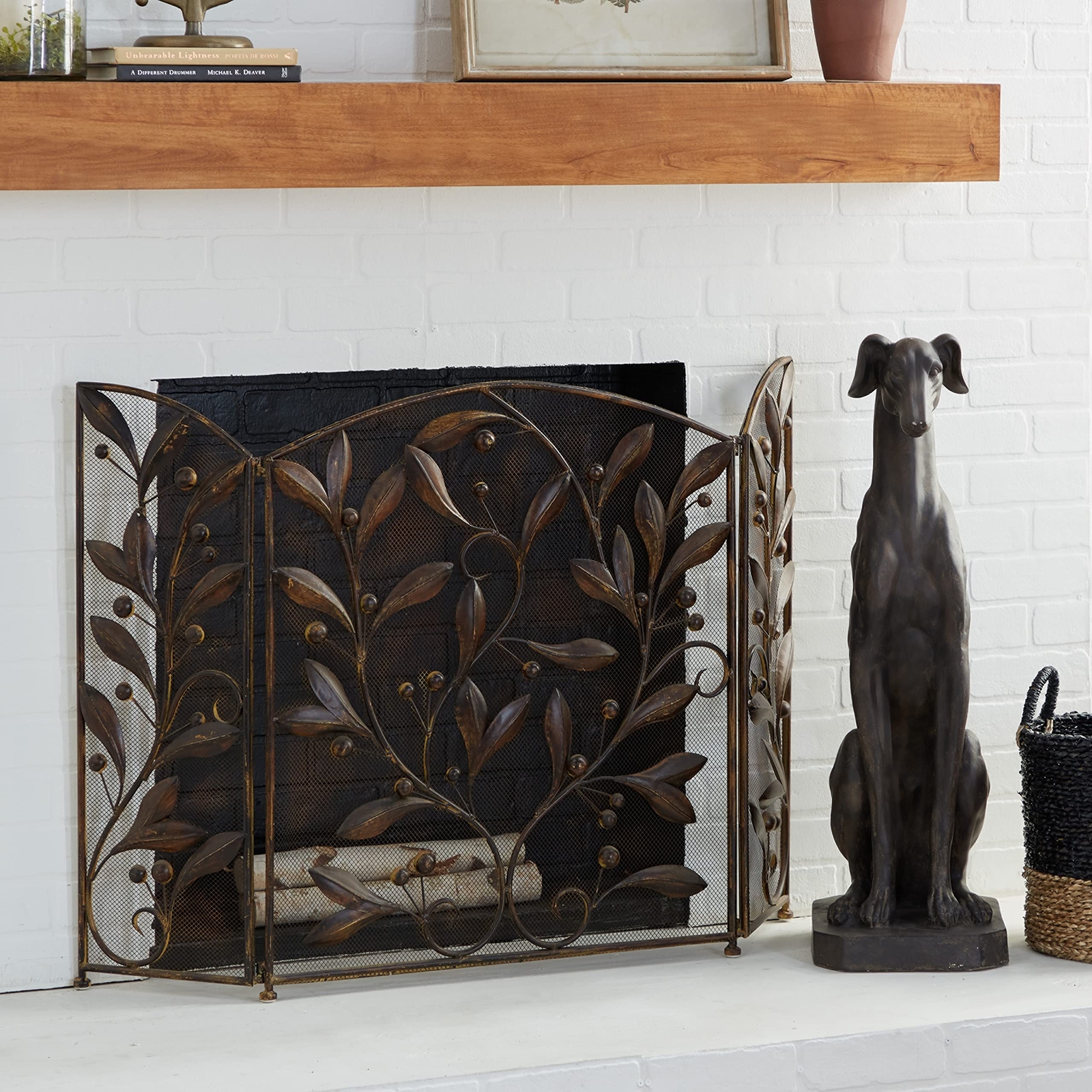 Brown Iron Eclectic Wood Fireplace Screen Floral 30 X 45 Modern Contemporary