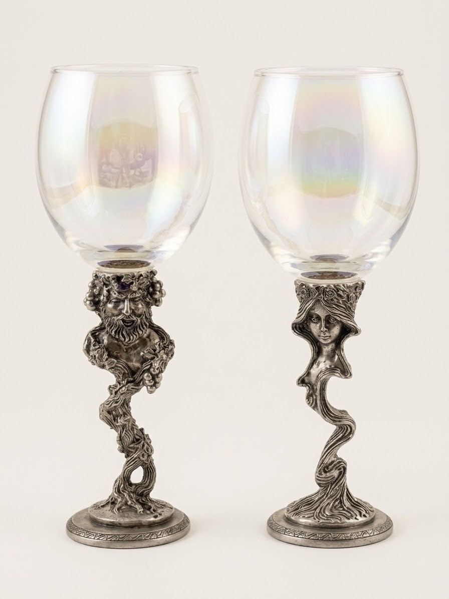 Vintage Pewter Wine Glasses Bacchus & Nymph Irridescent Goblets Mythlogical 2 pc Vintage Pewter Wine Glasses Bacchus & Nymph Irridescent Goblets Mythlogical 2 pc