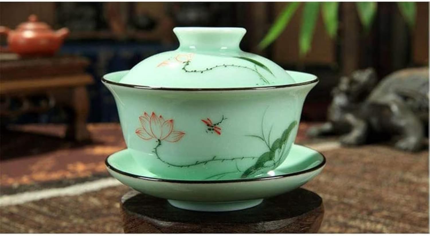 HOTUMN Gaiwan Teaset Celadon Handcrafted Porcelain Tea Set Lotus Theme Porcelain HOTUMN Gaiwan Teaset Celadon Handcrafted Porcelain Tea Set Lotus Theme Porcelain
