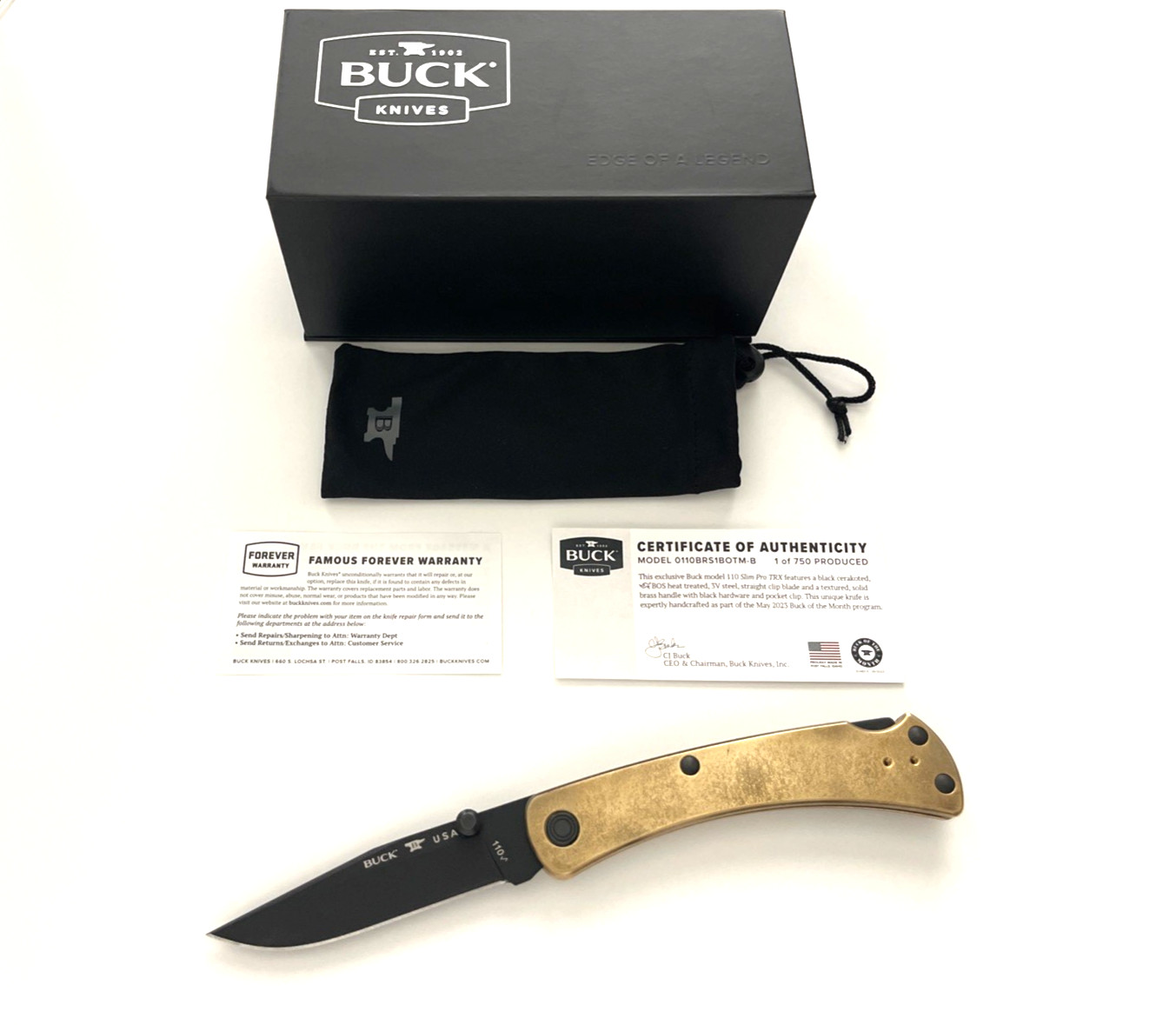 Buck 110 Slim Pro TRX Folding Knife Brass 1of 750 Knife of the Month 2023 USA