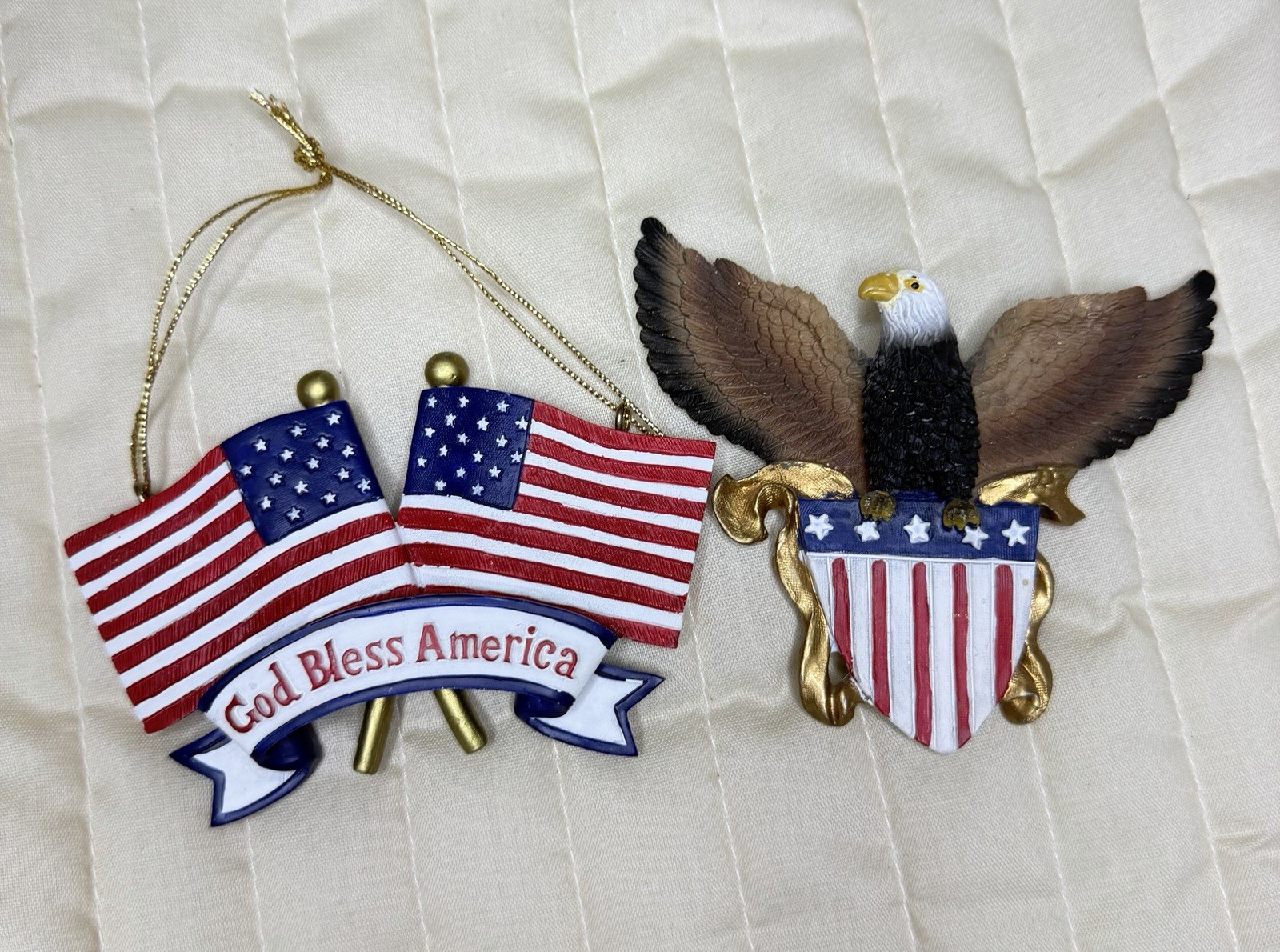 Vintage Patriotic American Flag God Bless America Ornament & Eagle Magnet Lot