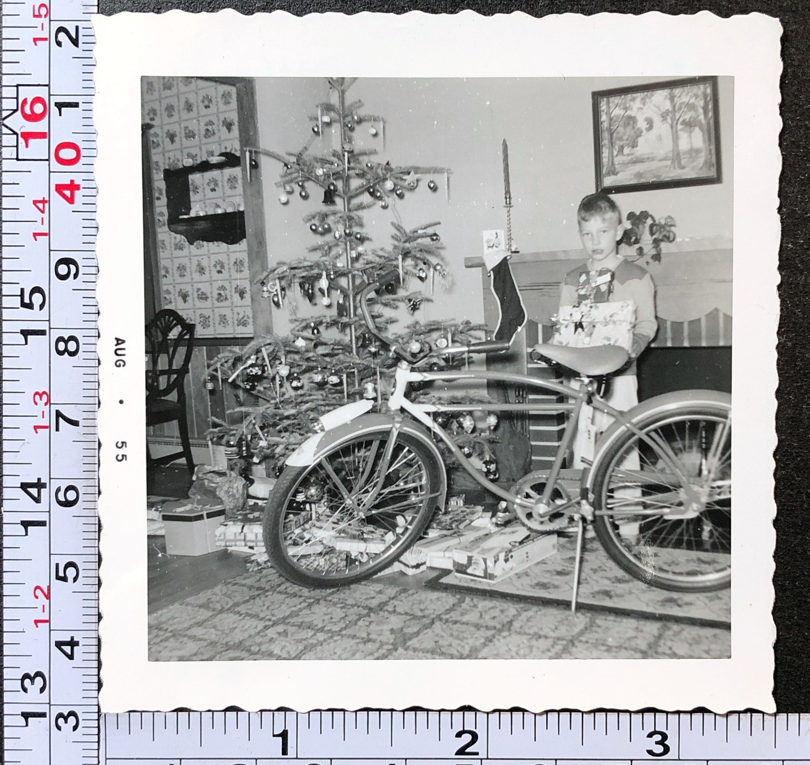1954 Little Boy New Bicycle Christmas Present Holiday Old BW Photo Snapshot