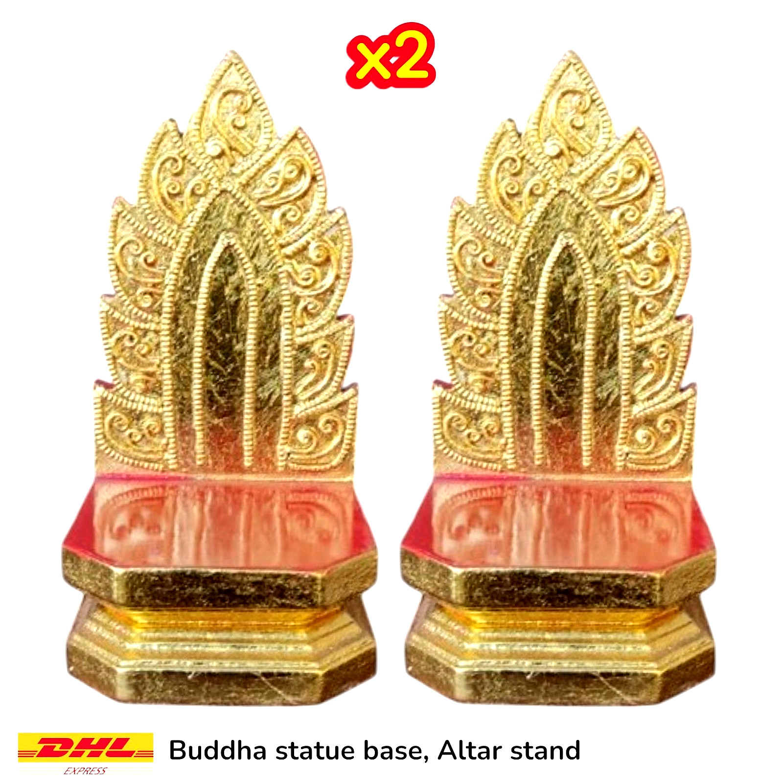 Handmade Vintage Wooden Amulet Altar Stand in Gold/Red with Thai Pattern, 18 cm.