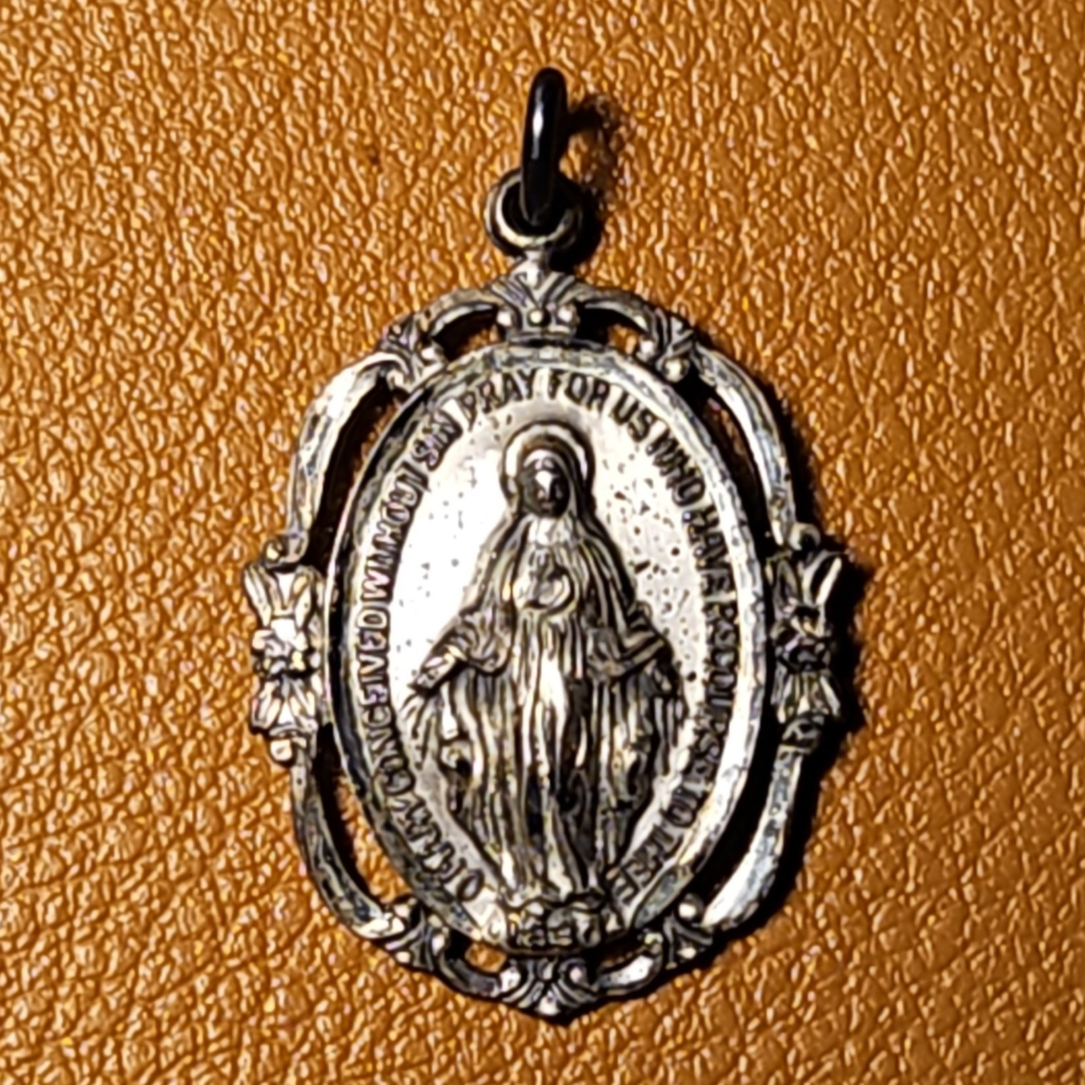 Vintage Creed Sterling Our Lady of Grace Miraculous Ornate Pendant - Virgin Mary